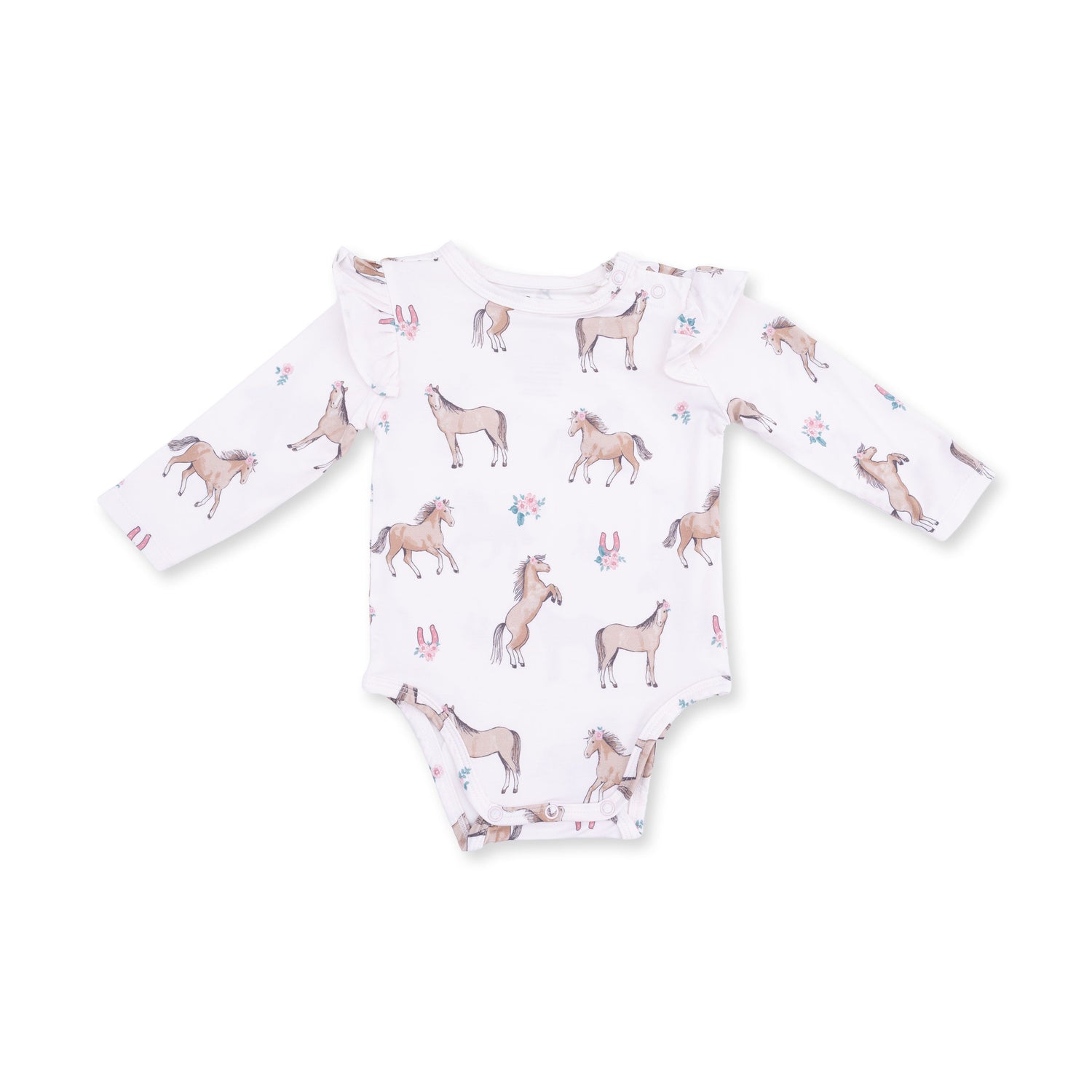 Baby bodysuit with horse print, ruffled short sleeves, snap shoulder opening and snap crotch