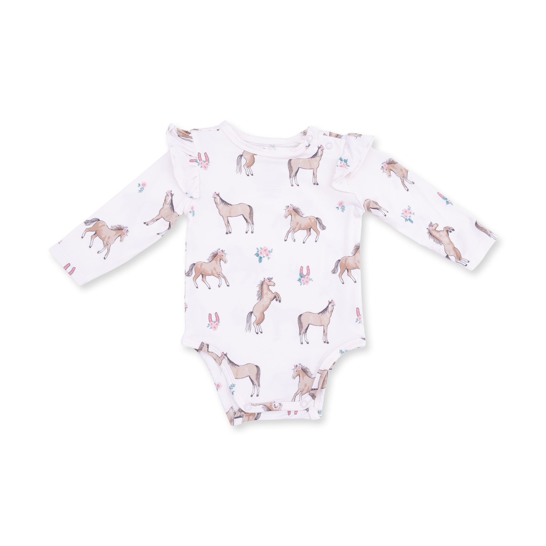 Baby bodysuit with horse print, ruffled short sleeves, snap shoulder opening and snap crotch