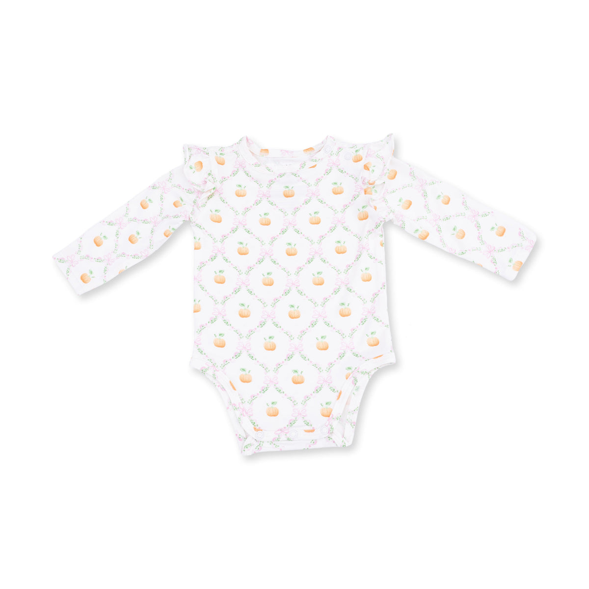 Baby bodysuit in orange pumpkin trellis print with ruffled shoulders and snap crotch