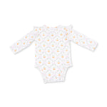 Baby bodysuit in orange pumpkin trellis print with ruffled shoulders and snap crotch