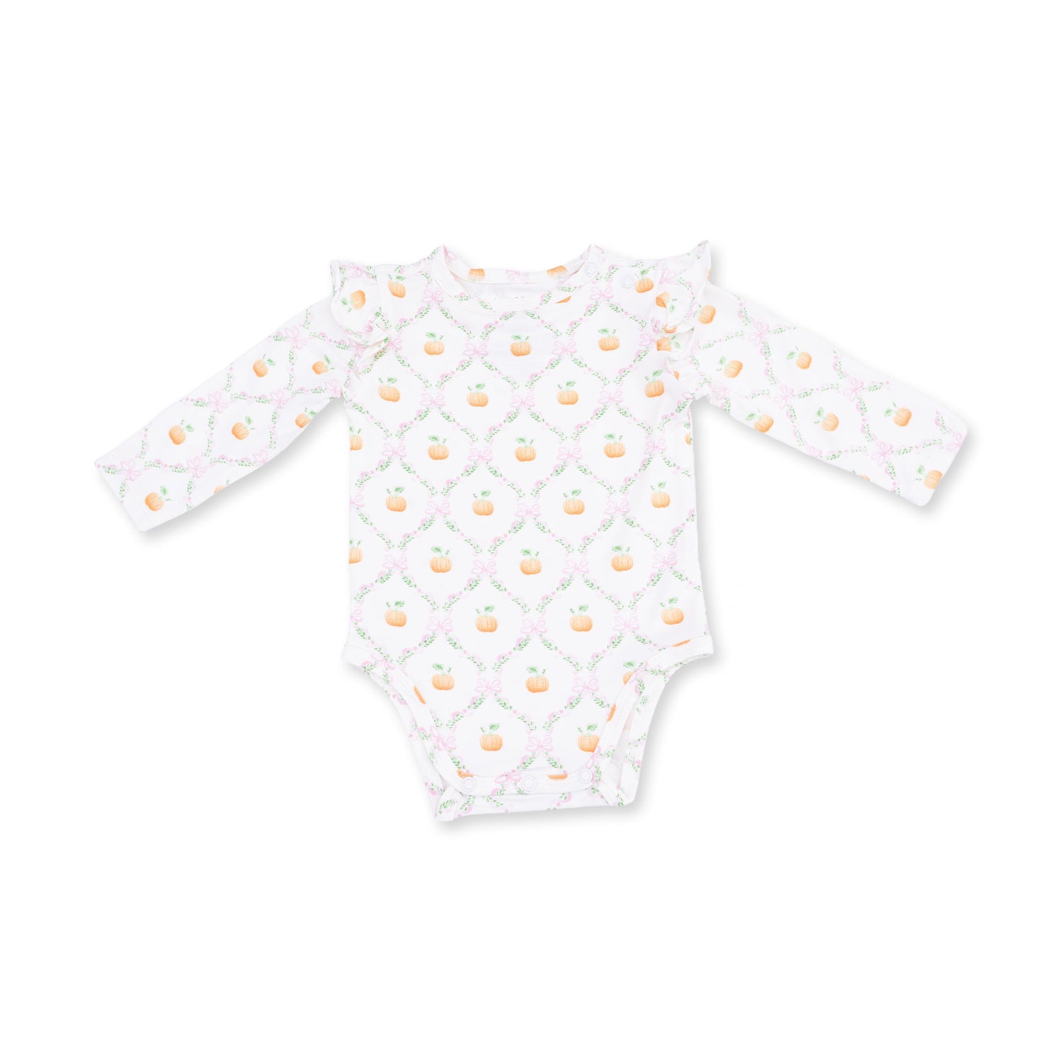 Baby bodysuit in orange pumpkin trellis print with ruffled shoulders and snap crotch