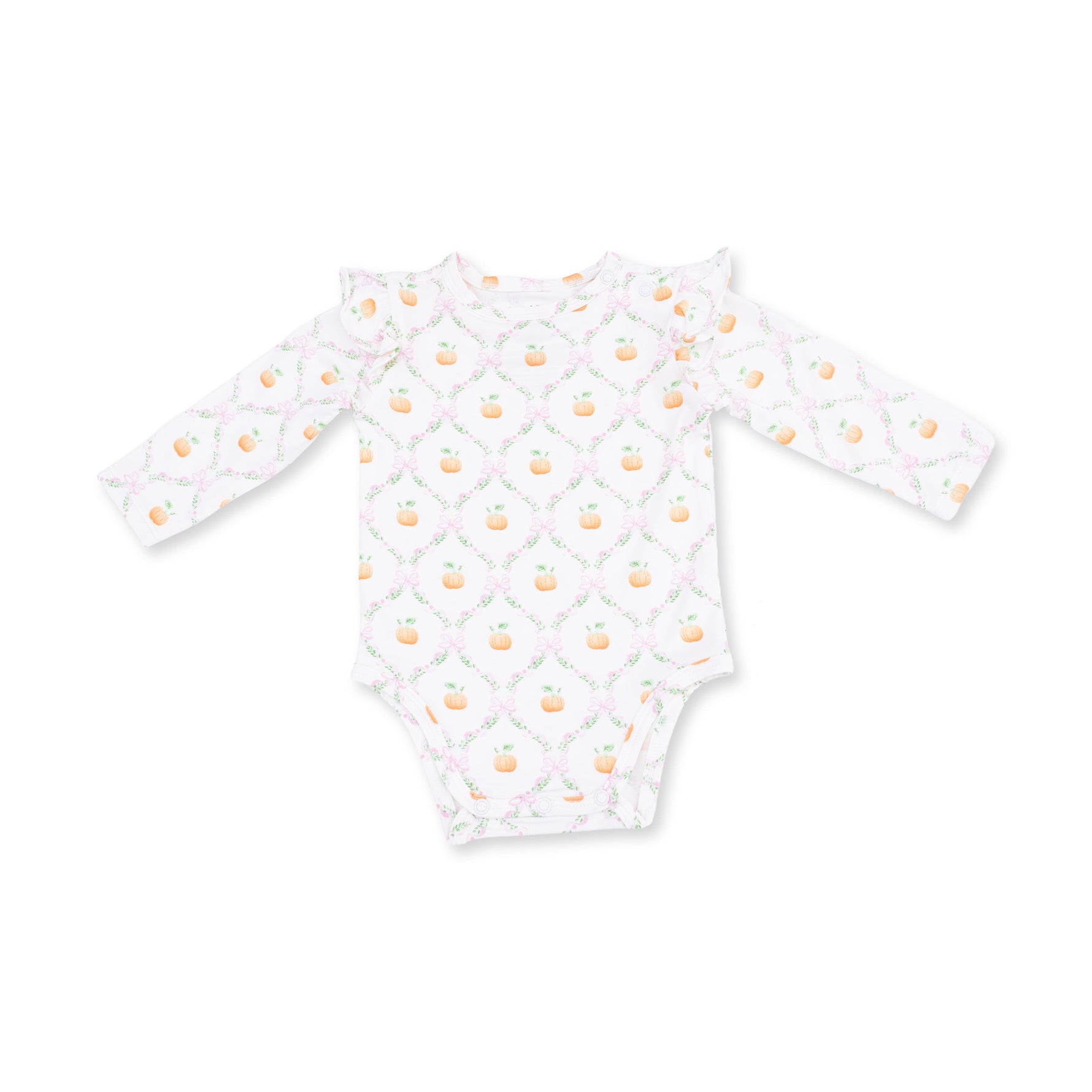 Baby bodysuit in orange pumpkin trellis print with ruffled shoulders and snap crotch