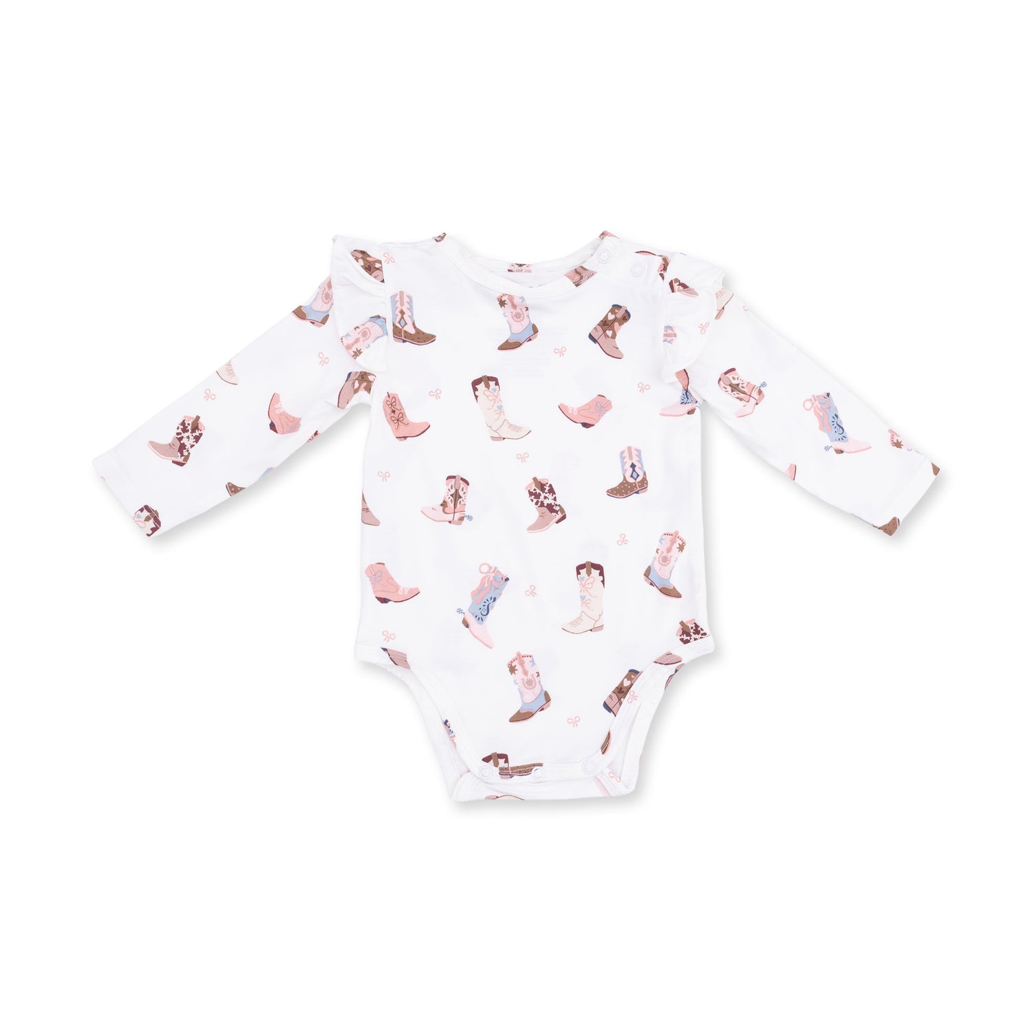 Ruffle sleeve baby bodysuit in a cowboy boot print with shoulder ruffles and snap shoulder opening