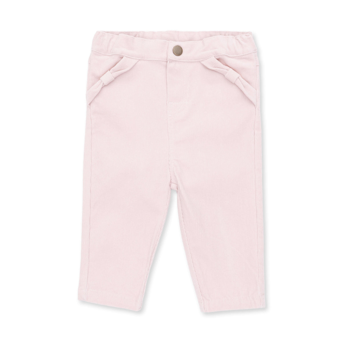 Veiled pink corduroy baby pants with a front pocket trimmed with a small bow