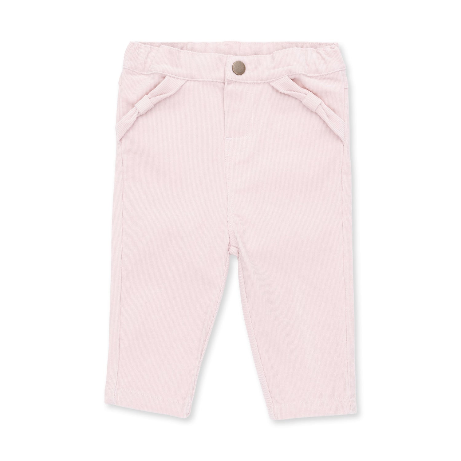 Veiled pink corduroy baby pants with a front pocket trimmed with a small bow