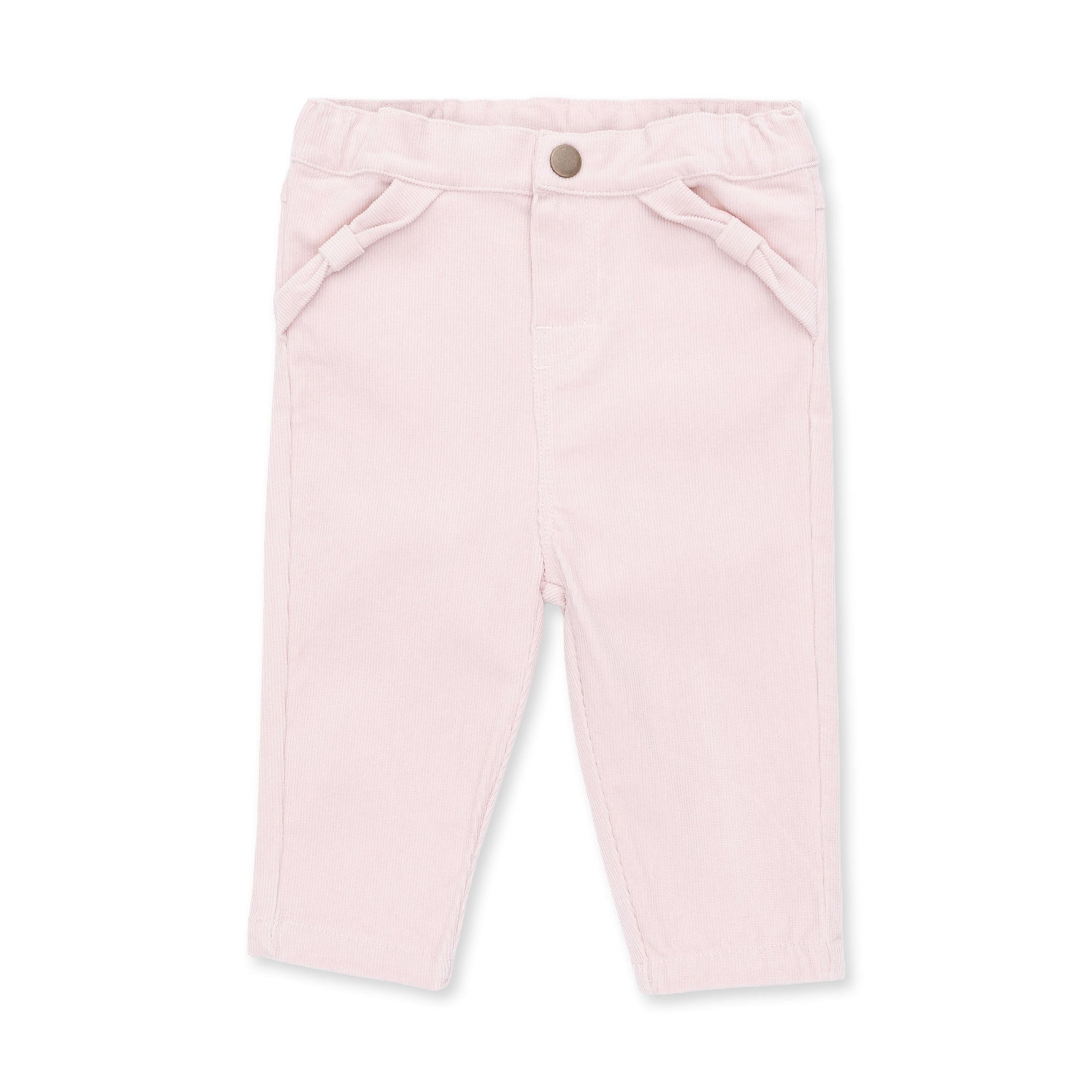Veiled pink corduroy baby pants with a front pocket trimmed with a small bow