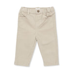 Peyote tan corduroy baby pants with adjustable button-tab waistband and front and back pockets