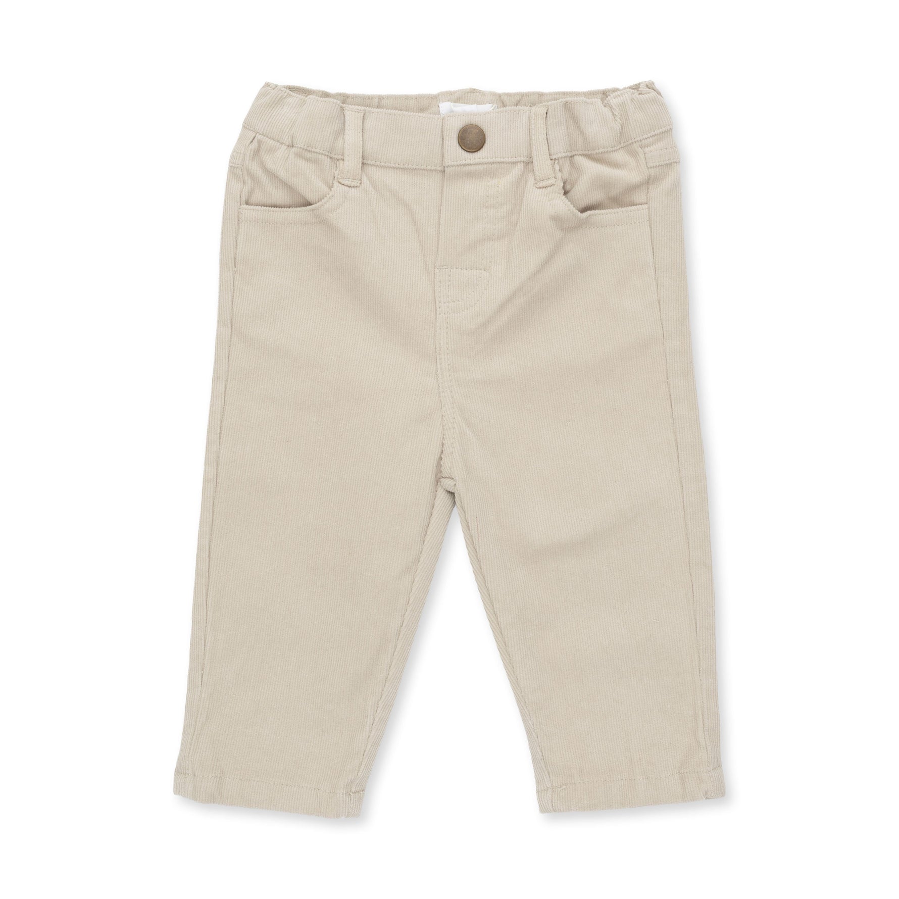 Peyote tan corduroy baby pants with adjustable button-tab waistband and front and back pockets