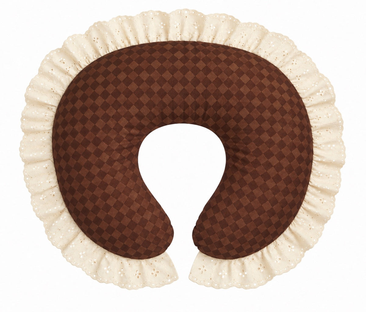 Ivory eyelet nursing pillow cover with ruffle trim and horizontal zipper opening