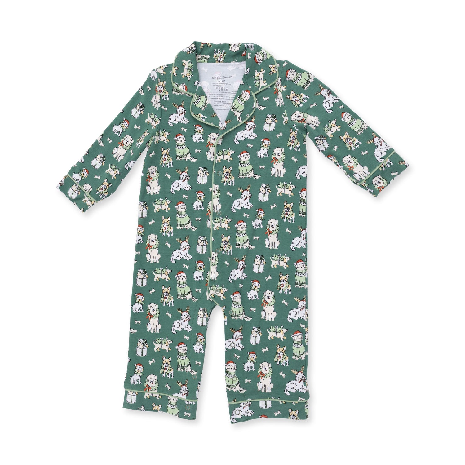 Baby coat style romper with lapels, button front and long sleeves in a Christmas dogs print