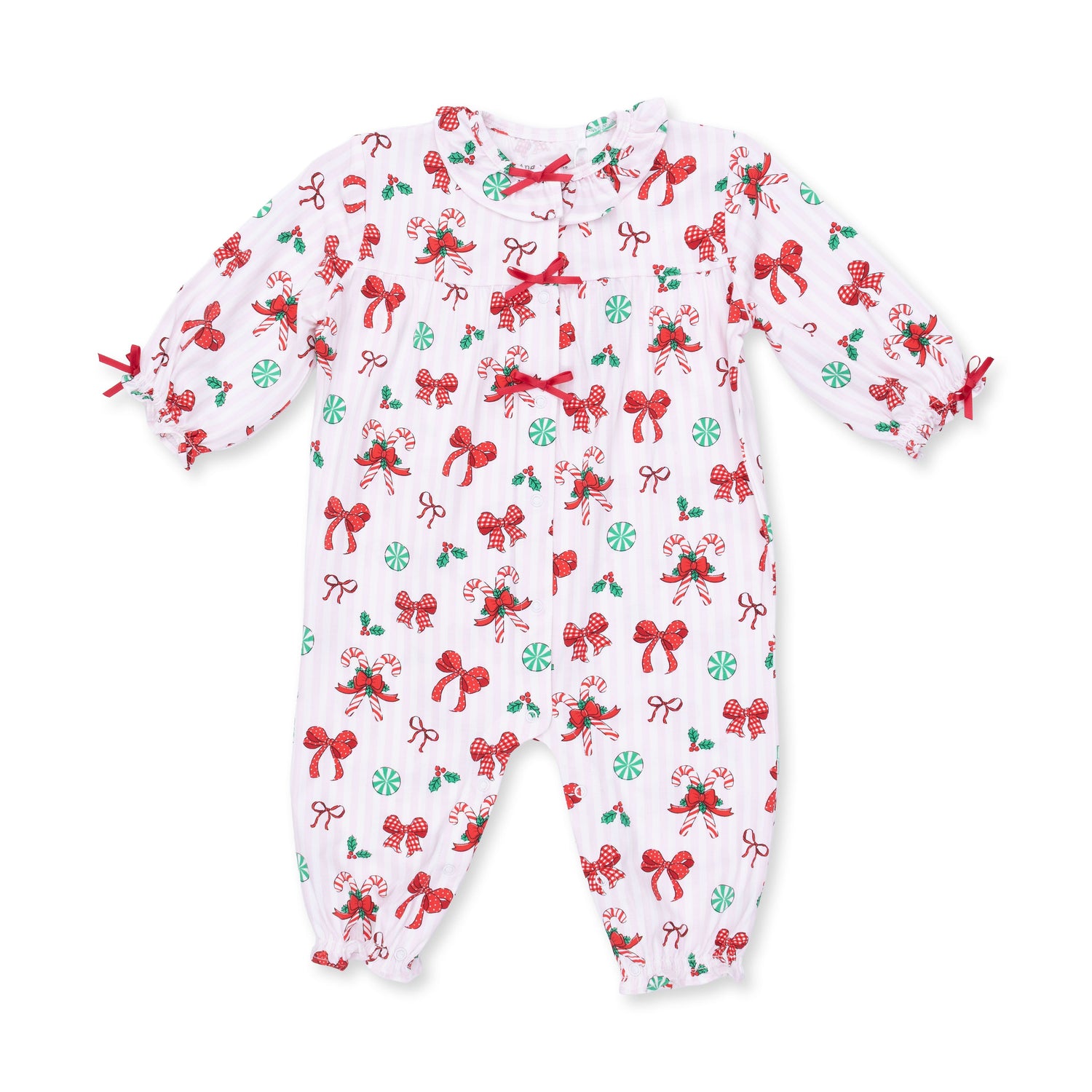 Long sleeve baby romper with ruffle collar in a red bows and candy canes holiday print