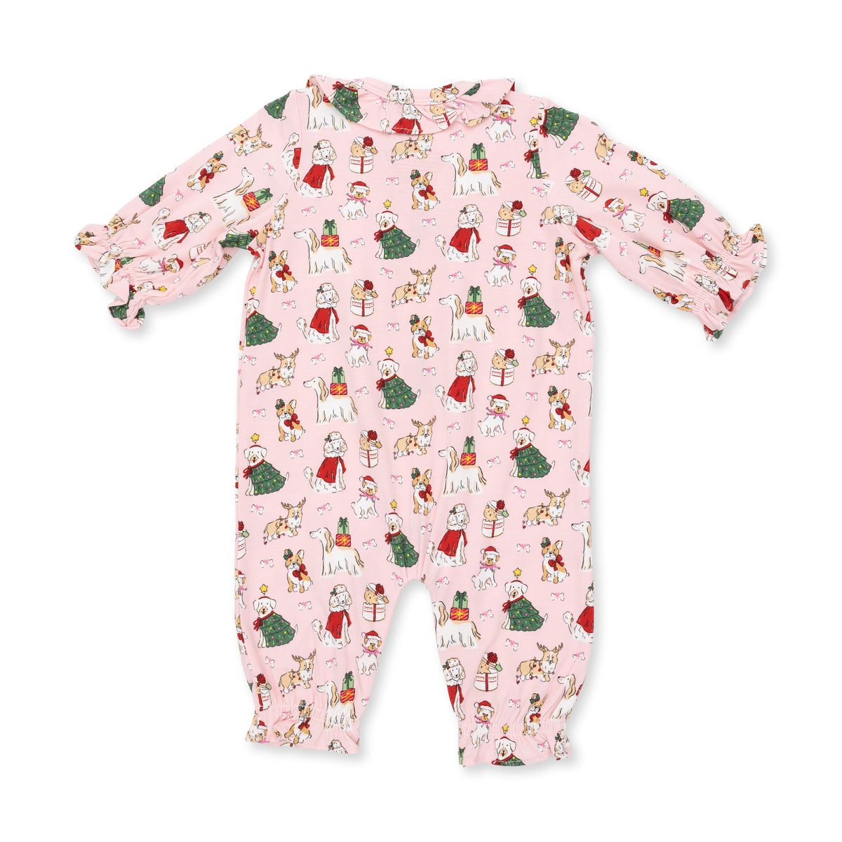 Christmas Dogs Pink - Long Sleeve Ruffle Collar Romper by Angel Dear
