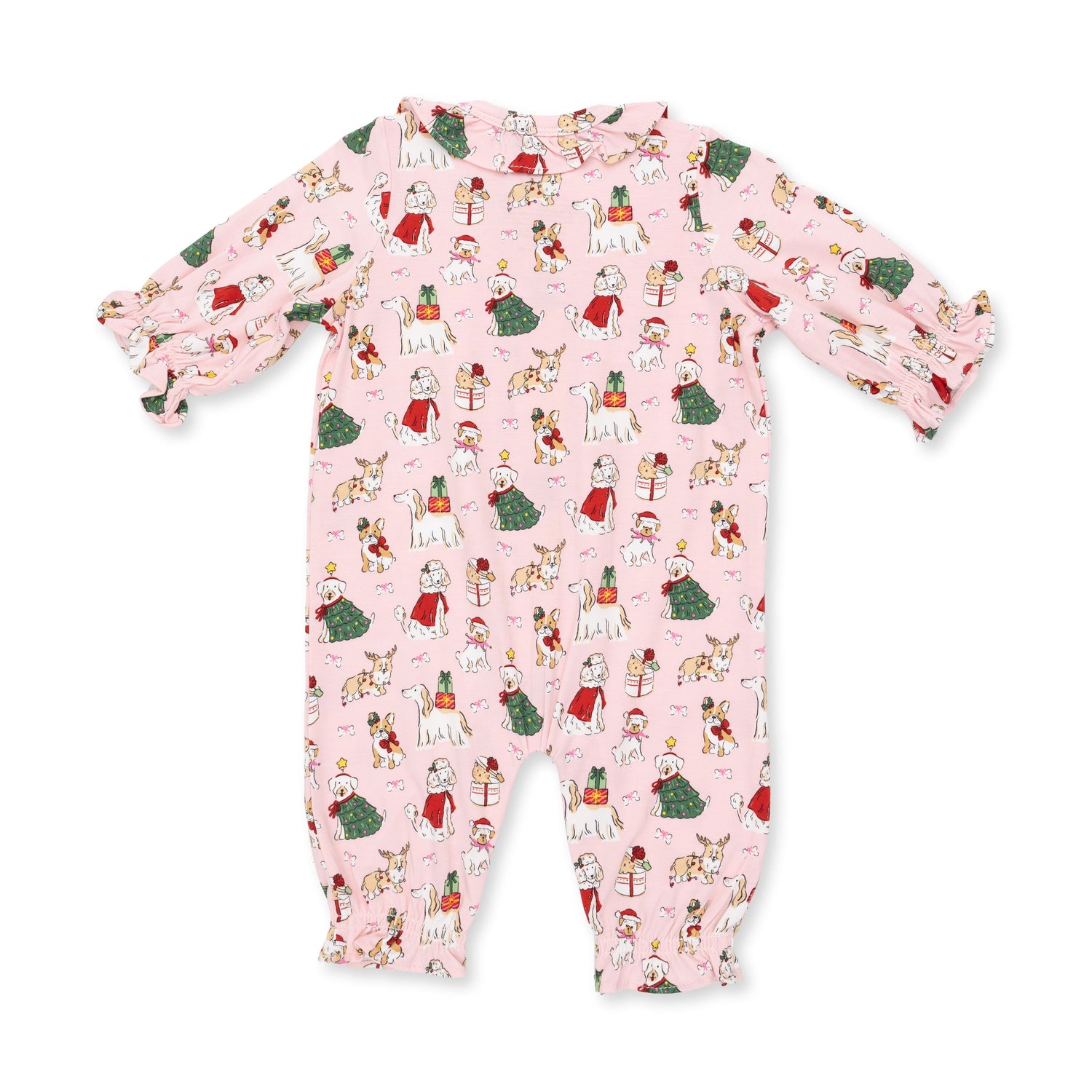 Christmas Dogs Pink - Long Sleeve Ruffle Collar Romper