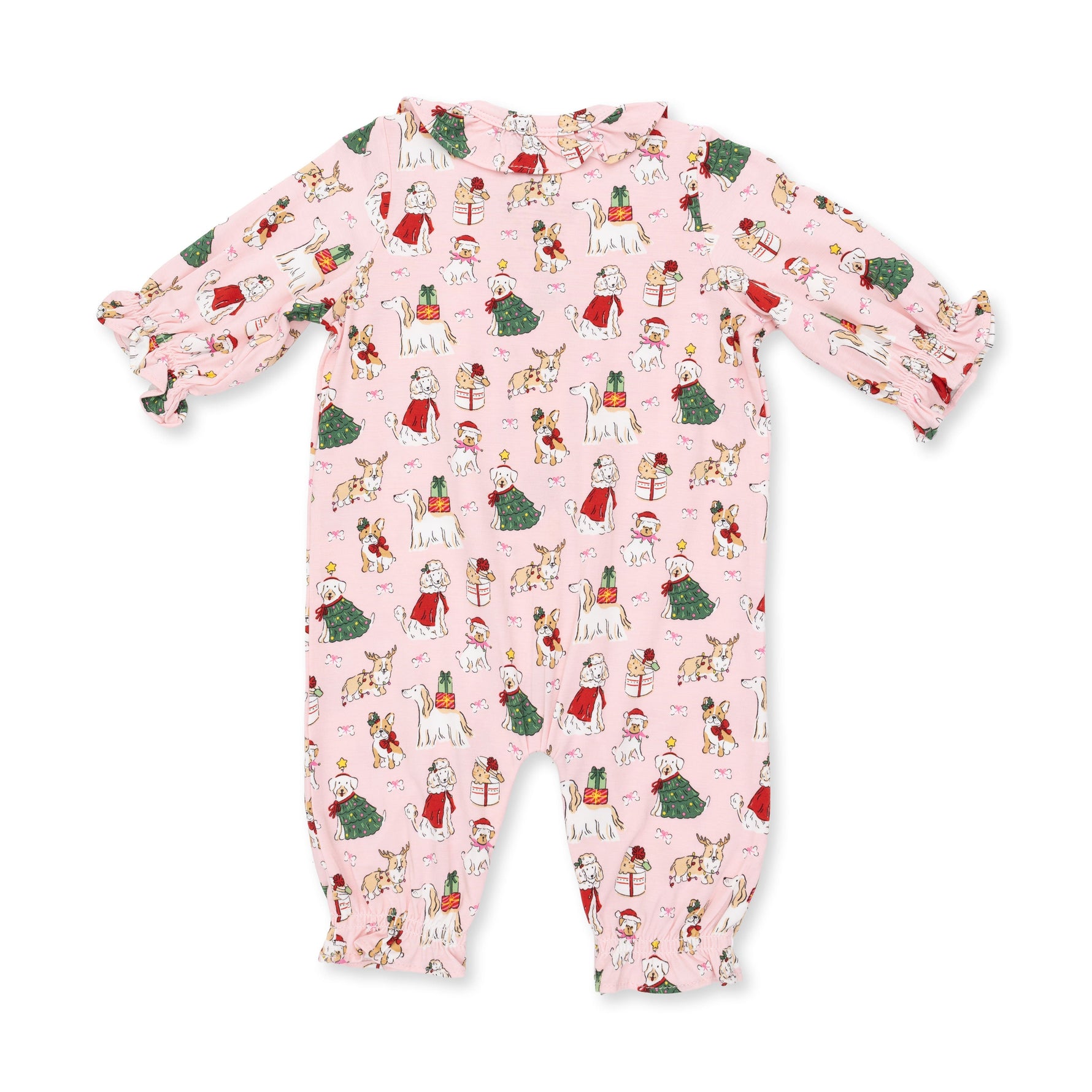Christmas Dogs Pink - Long Sleeve Ruffle Collar Romper by Angel Dear
