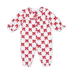 Long sleeve baby romper with festive bows print, ruffle collar, and snap leg closures