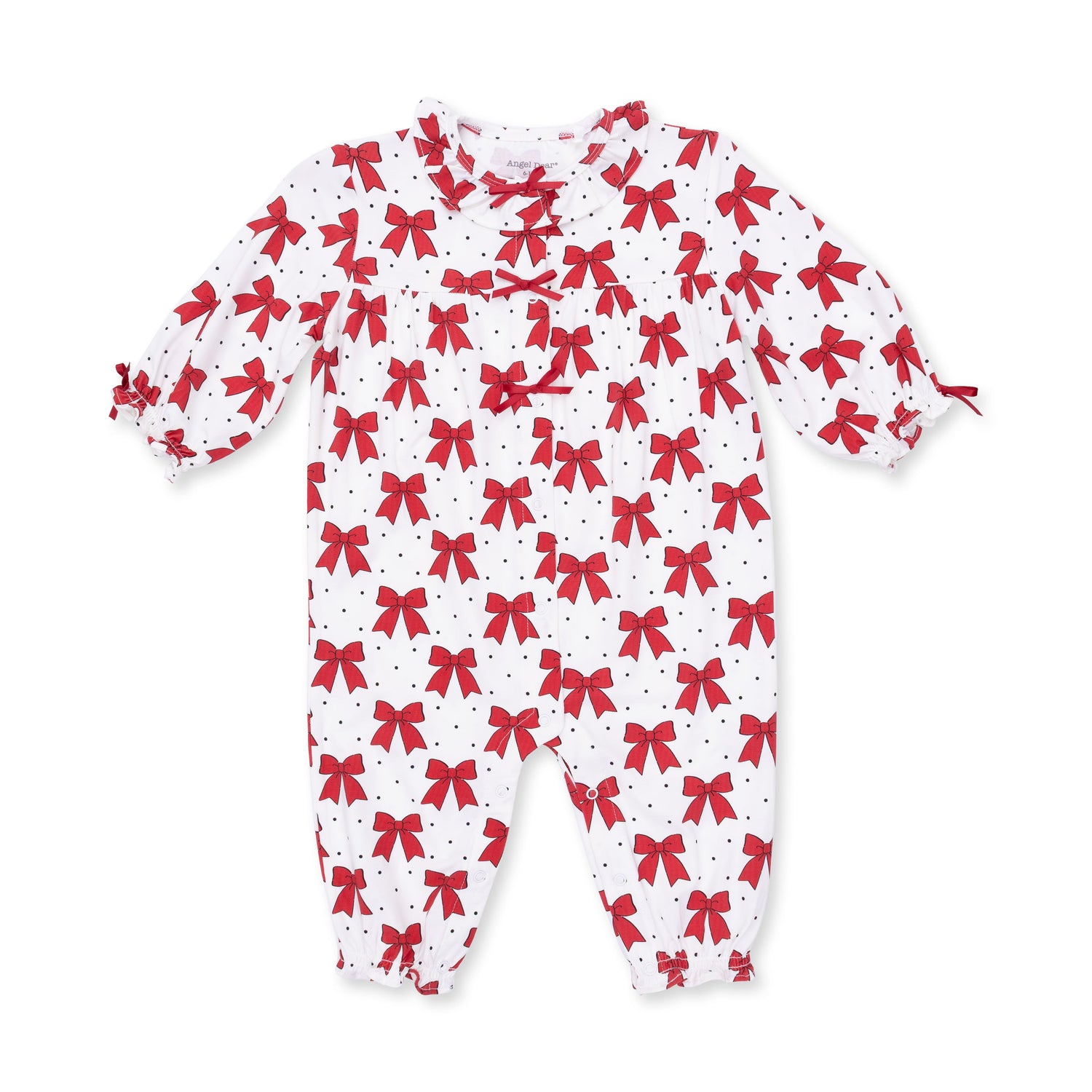 Long sleeve baby romper with festive bows print, ruffle collar, and snap leg closures