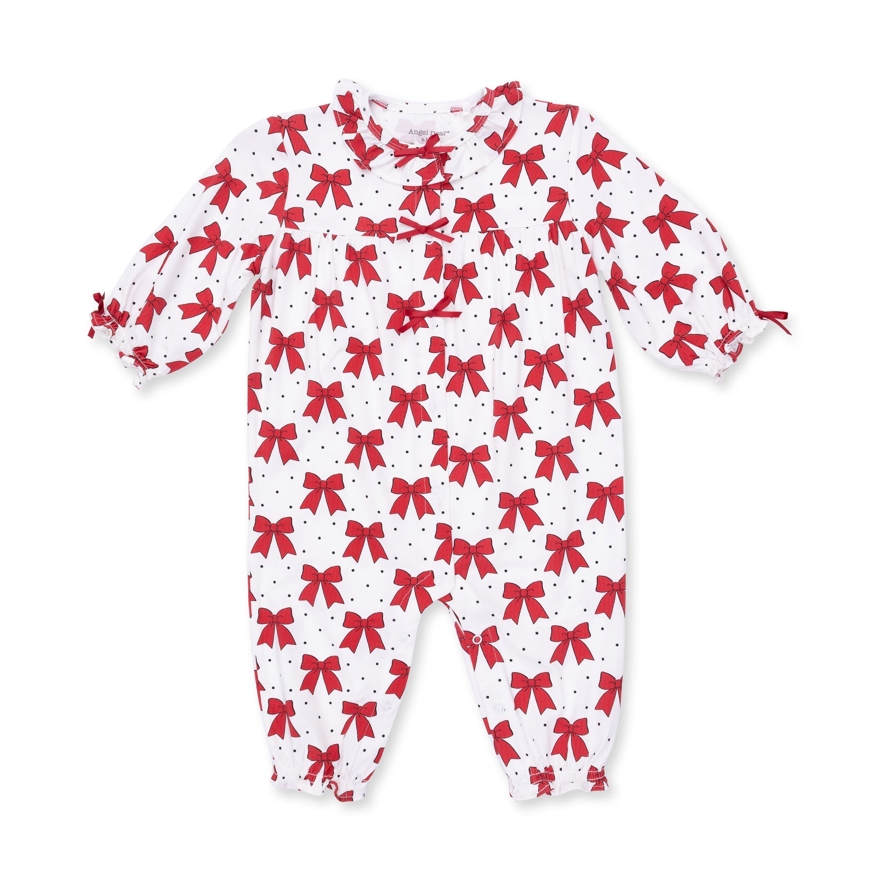 Long sleeve baby romper with festive bows print, ruffle collar, and snap leg closures