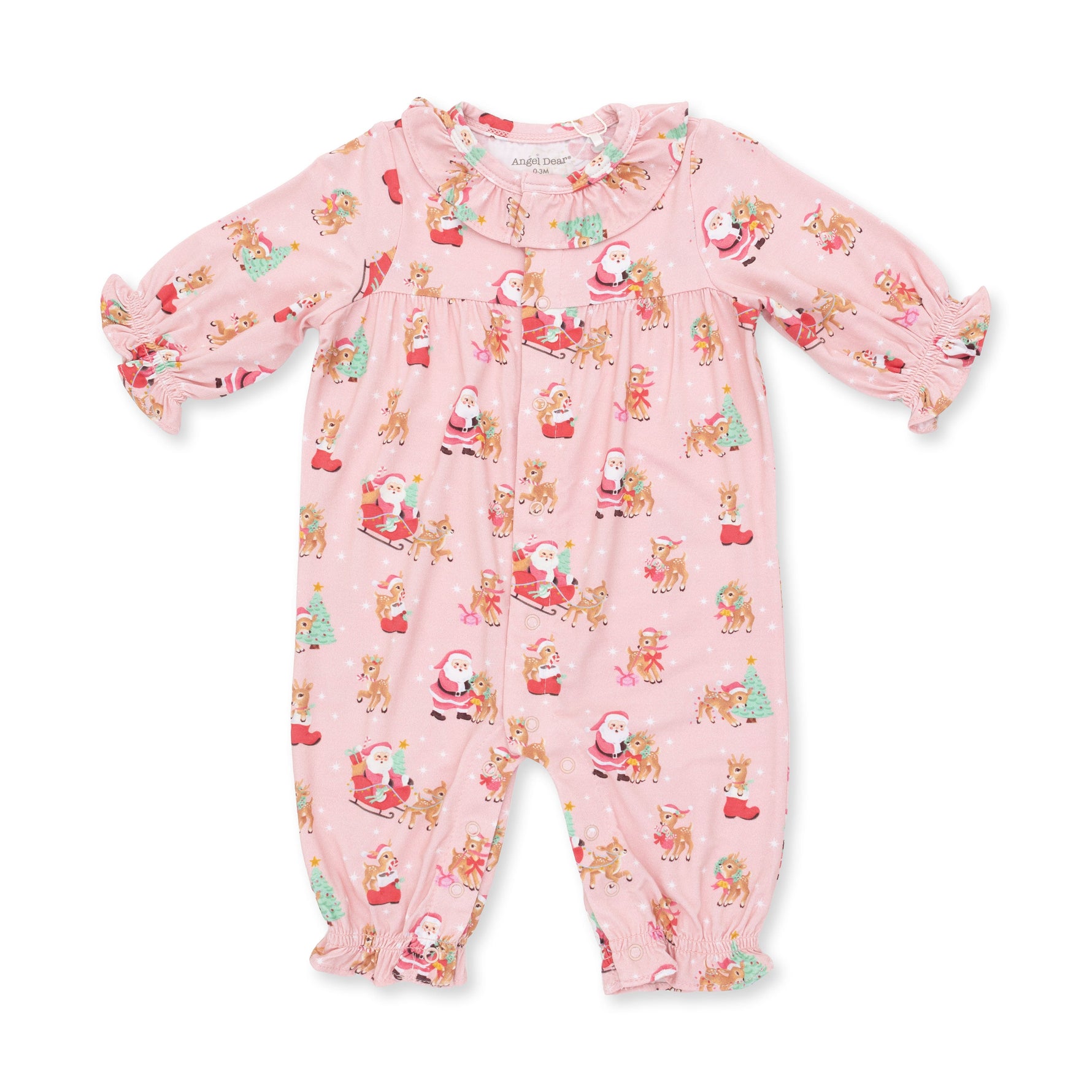 Long sleeve baby romper in pink with vintage reindeer and Santa print, ruffle collar and snap legs