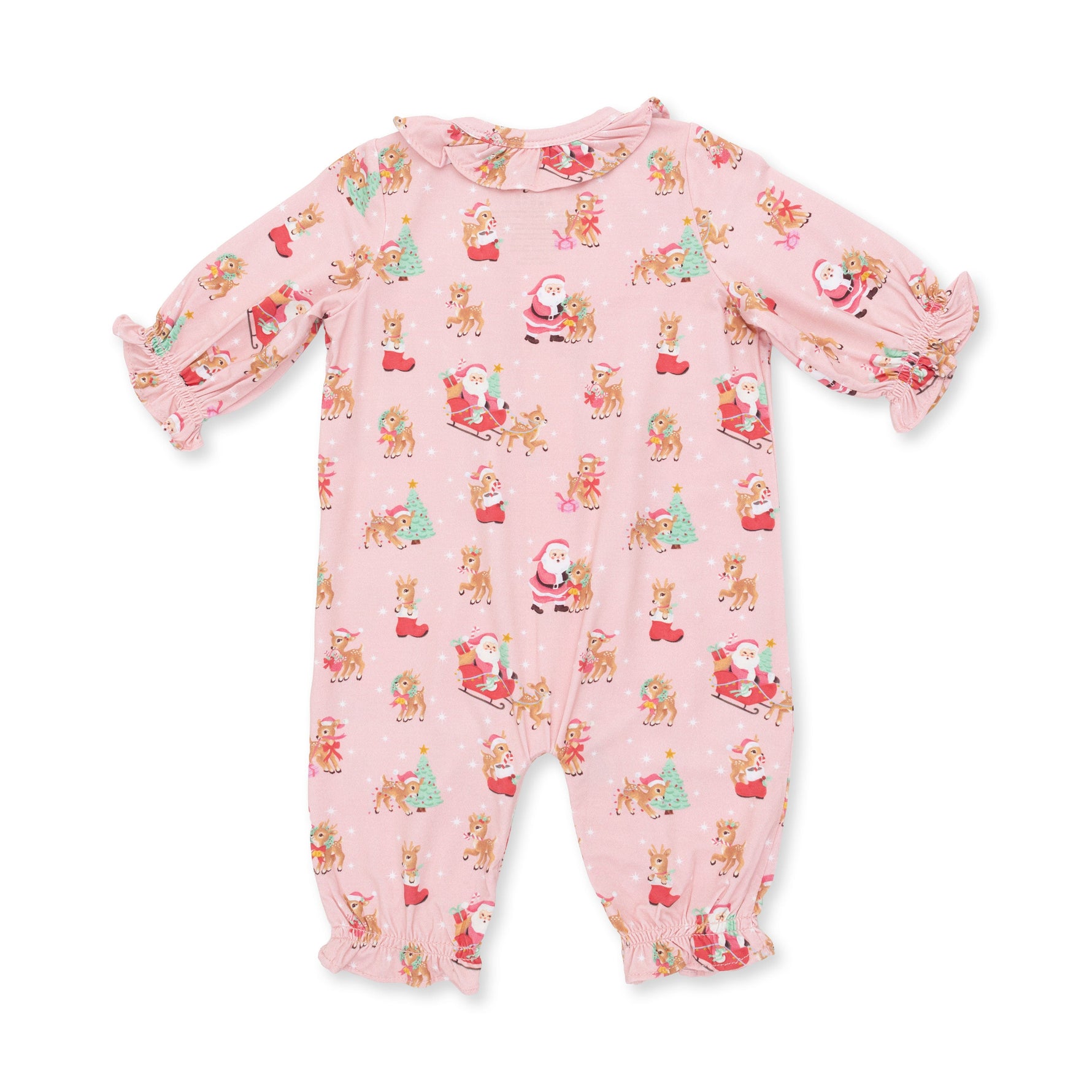 Vintage Reindeer & Santa Pink - Long Sleeve Ruffle Collar Romper by Angel Dear