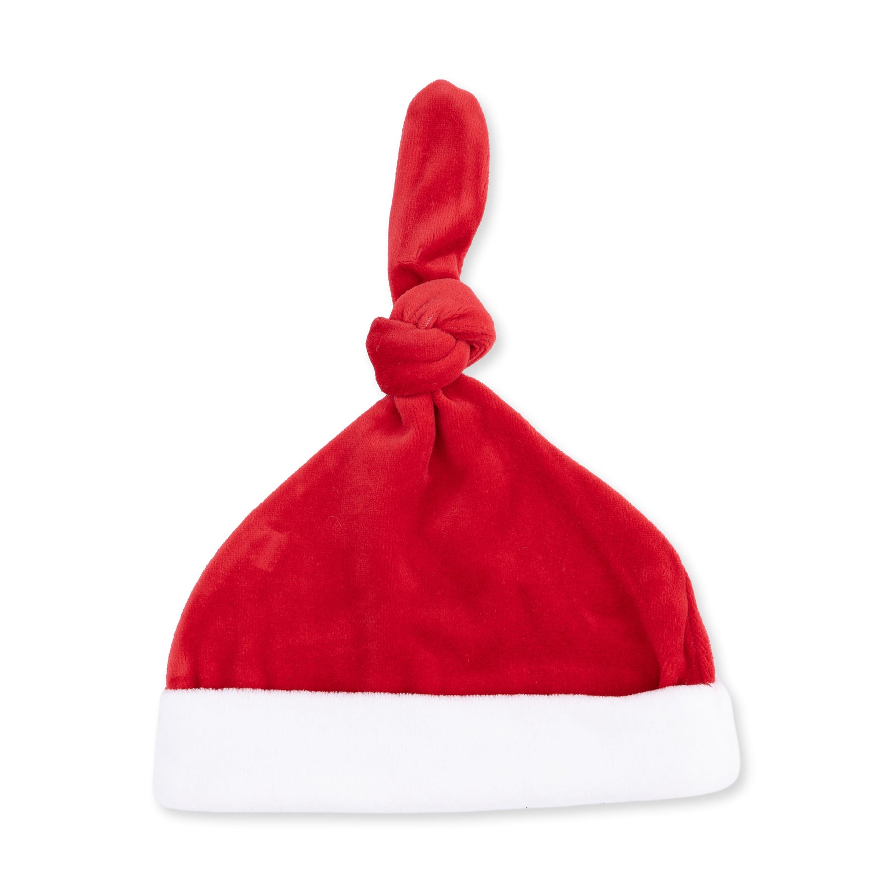 Red velour baby Santa hat with white velour trim and a white pom-pom at the tip