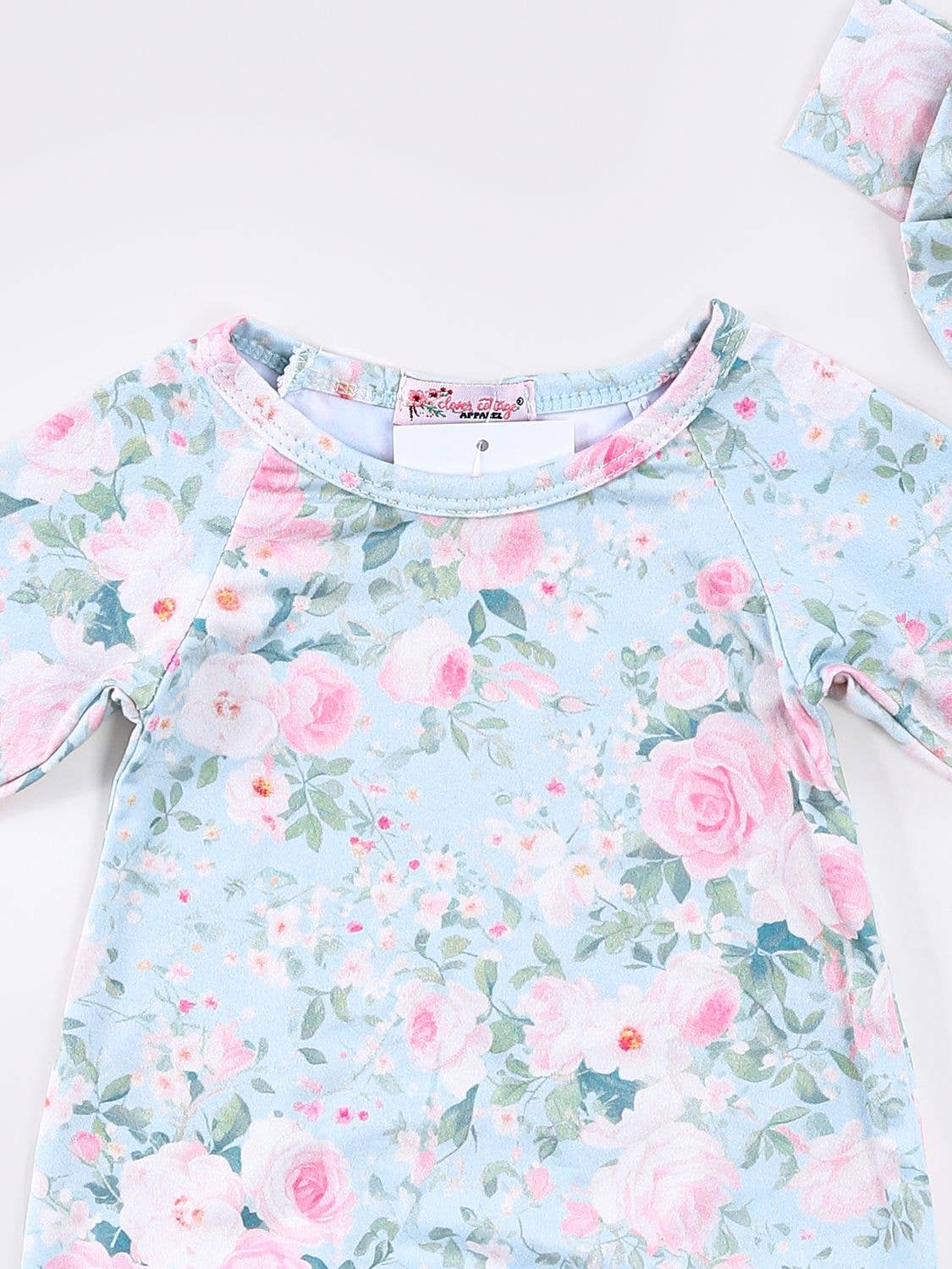Clover Cottage newborn baby gown rosebud mint with matching headband.