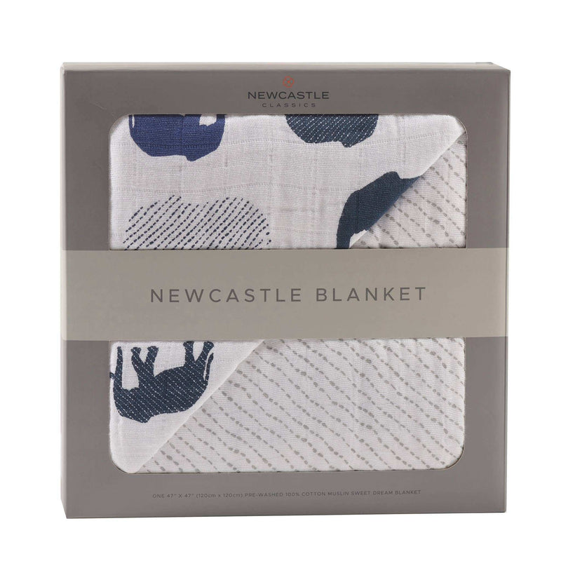 Newcastle Classics blue elephant and spotted wave cotton muslin blanket in packaging.
