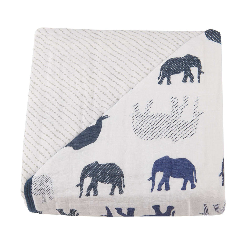 Blue elephant and spotted wave blanket by Newcastle Classics, 100% natural cotton muslin, 47" x 47".