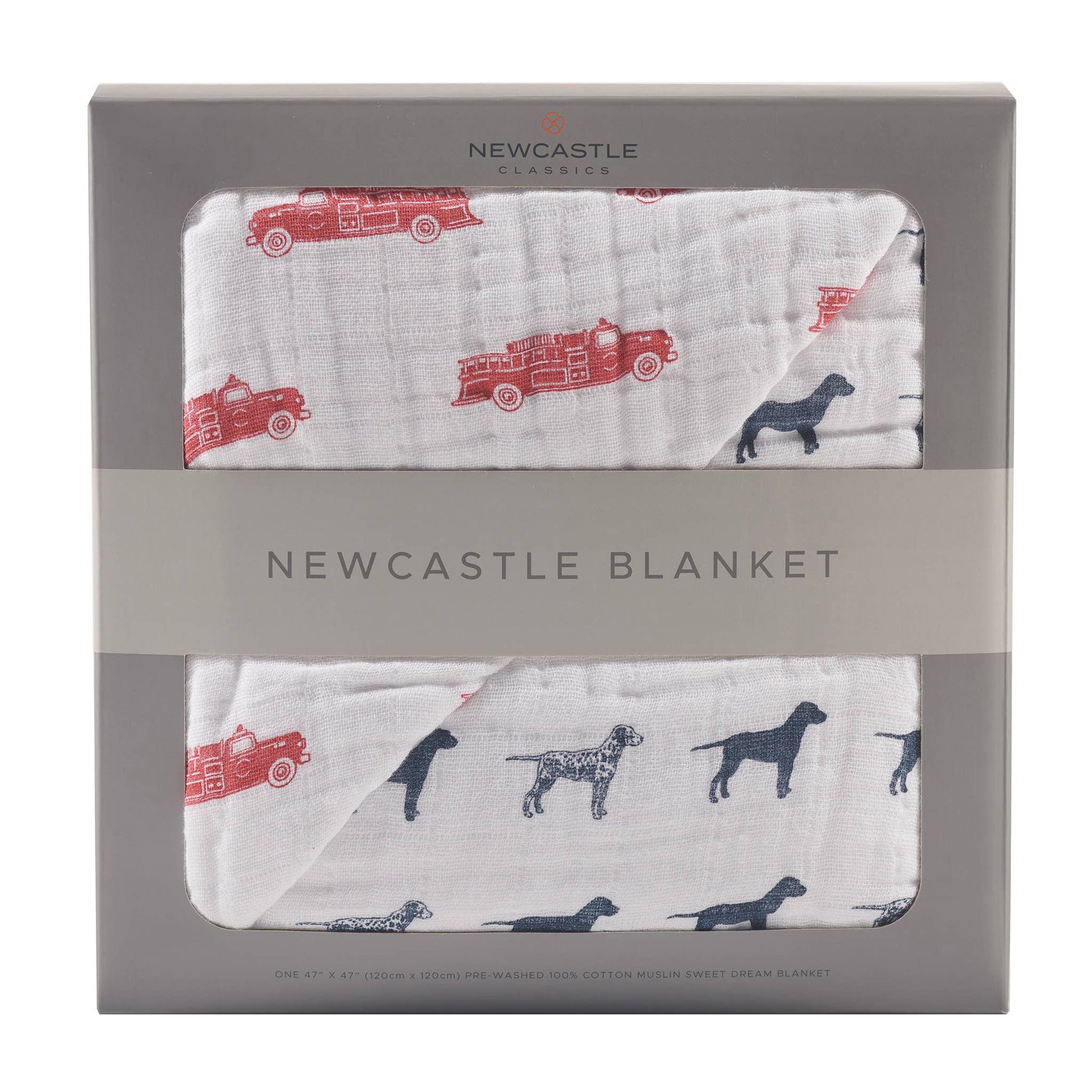 Newcastle Classics kids' fire truck dalmatian 4-layer cotton blanket.