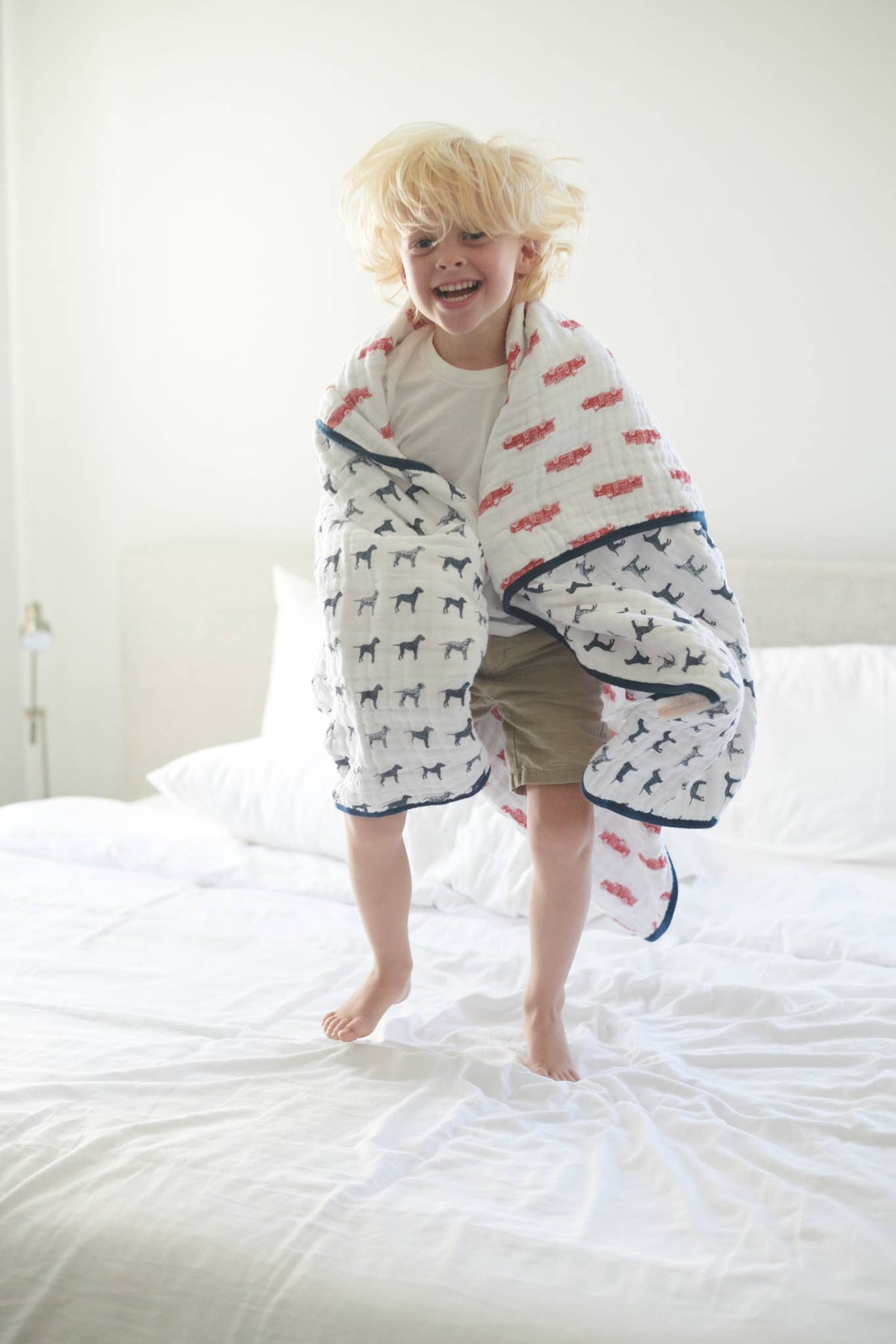 Newcastle Classics kids' Fire Truck Dalmatian 4-layer cotton blanket.