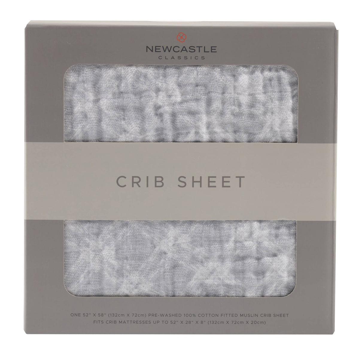 Newcastle Classics cotton muslin crib sheet in glacier grey plaid for babies.
