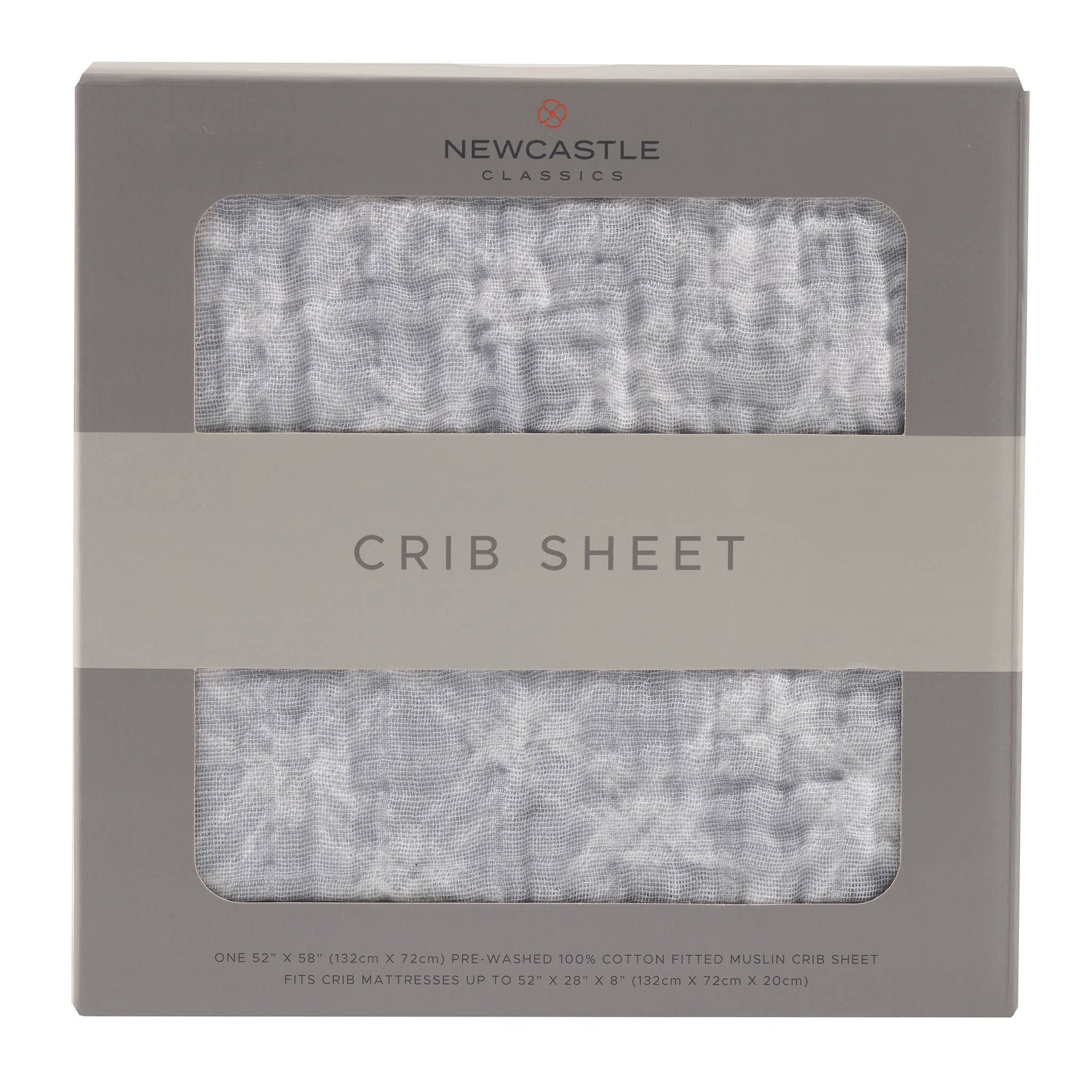 Newcastle Classics cotton muslin crib sheet in glacier grey plaid for babies.