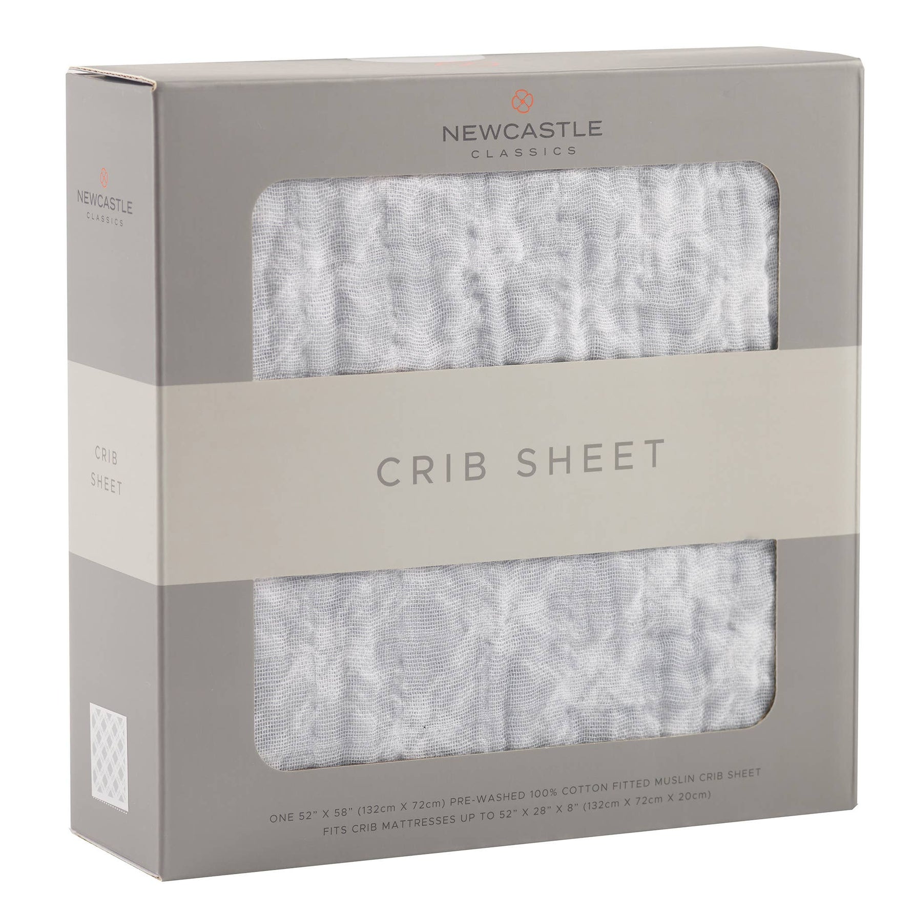 Newcastle Classics cotton muslin crib sheet in glacier grey plaid.