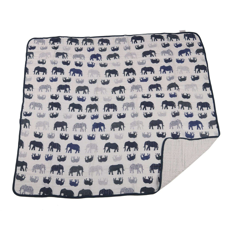Blue elephant and spotted wave design on Newcastle Classics cotton muslin blanket.