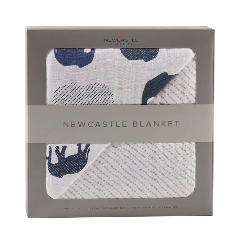 Newcastle Classics blue elephant and spotted wave cotton muslin blanket in packaging.