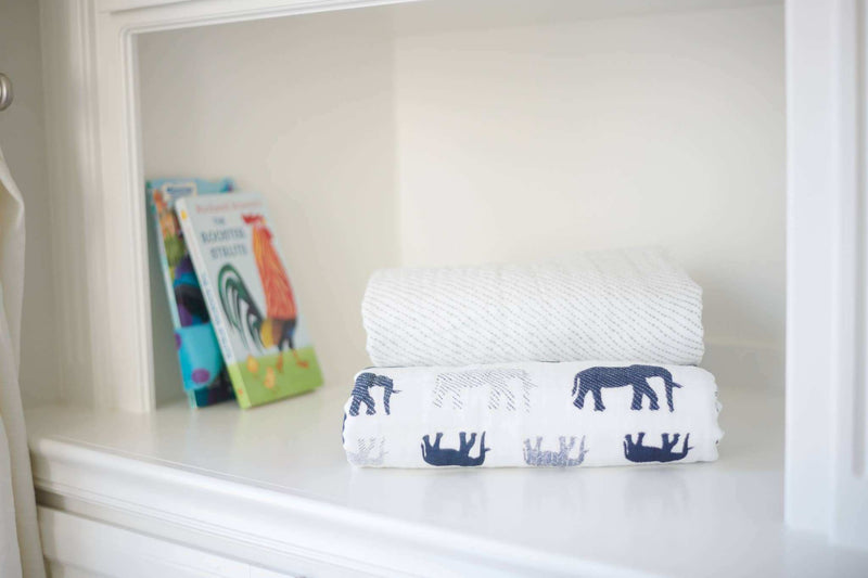 Newcastle Classics blue elephant and spotted wave blanket made of 100% natural cotton muslin, 47" x 47".