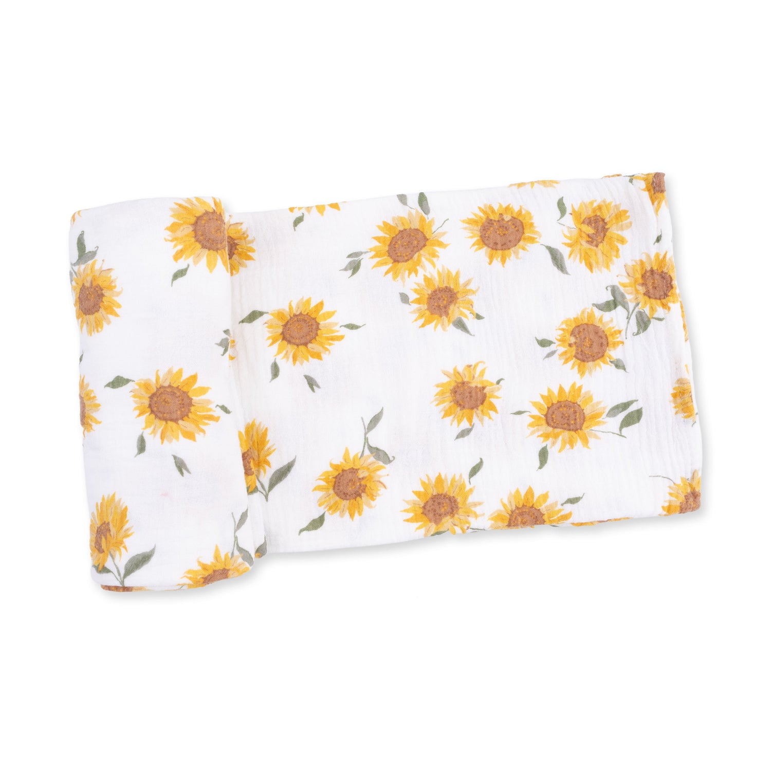 Swaddle blanket in organic cotton muslin with a yellow baby sunflower print
