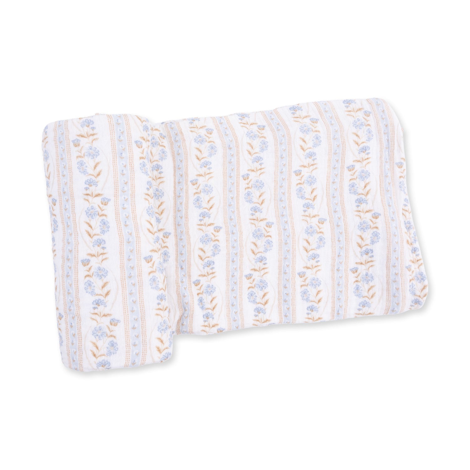 Swaddle blanket in Catarina floral print with scattered blooms on a light muslin background