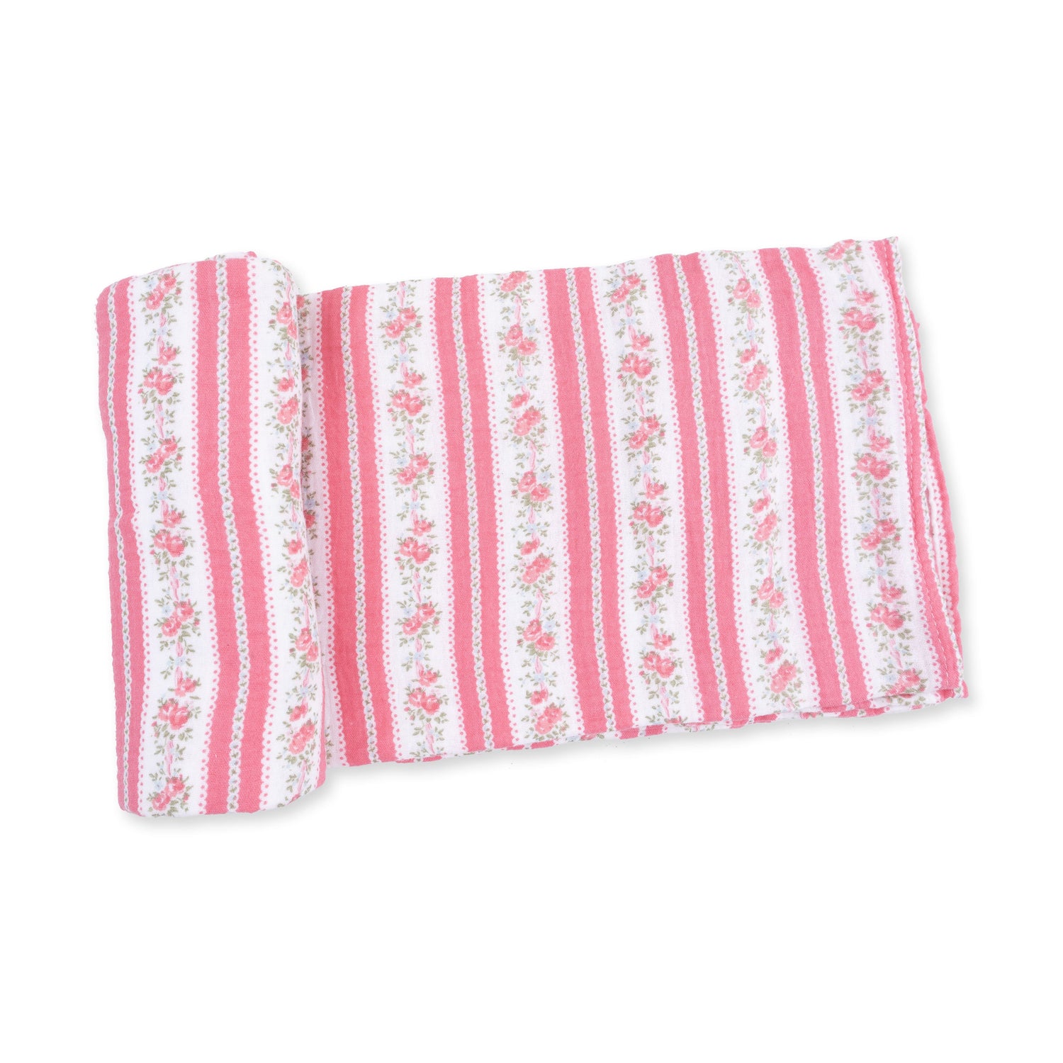 Muslin swaddle blanket in a floral stripe print of blooms over striped rows