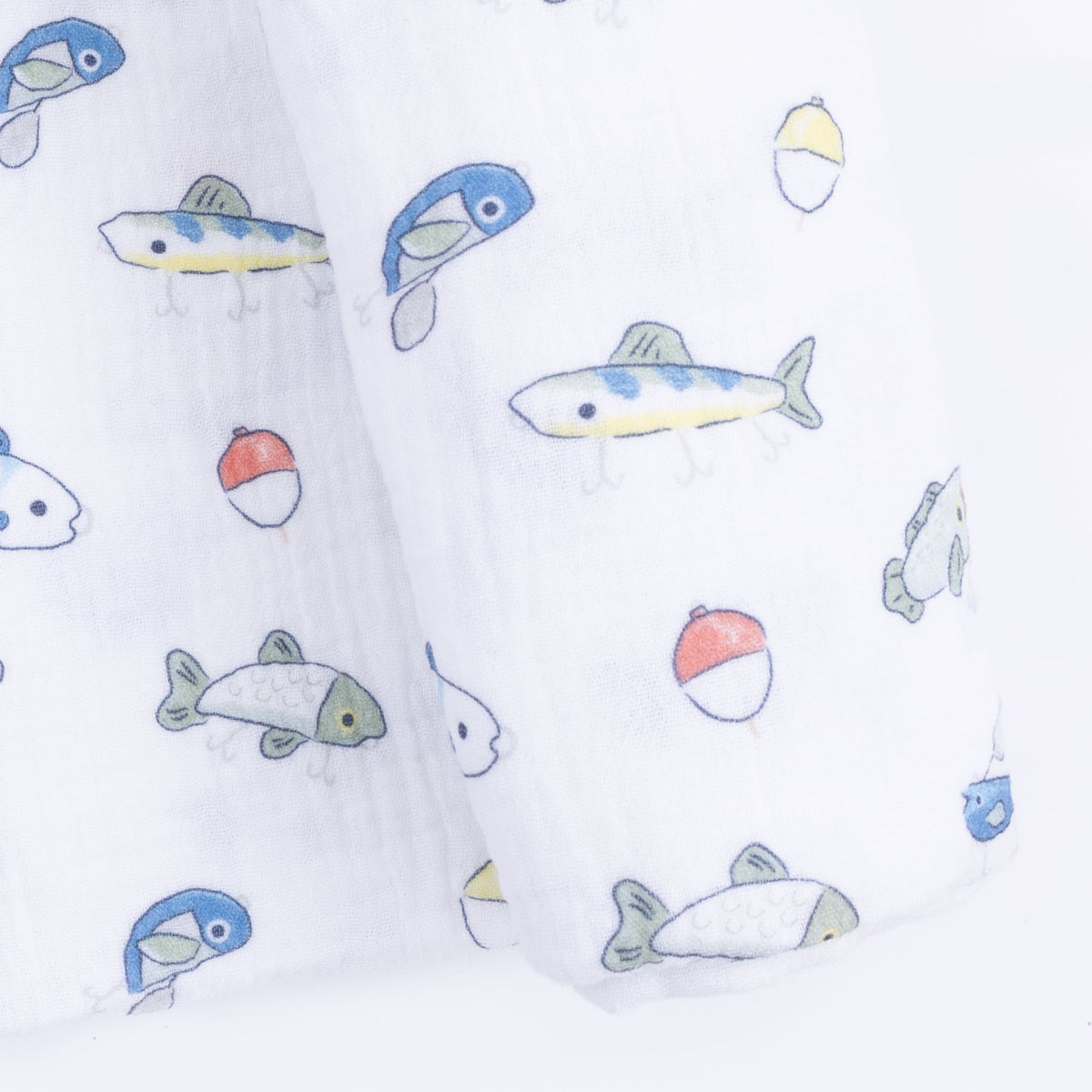 Angel Dear bamboo swaddle blanket featuring a charming fishing lure pattern on a light background.