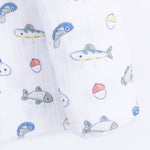 Angel Dear bamboo swaddle blanket featuring a charming fishing lure pattern on a light background.