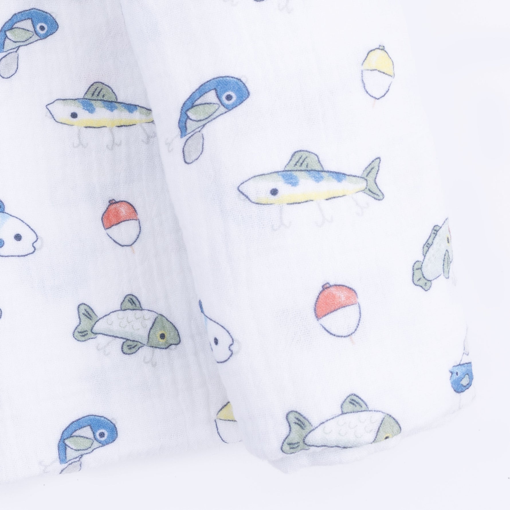 Angel Dear bamboo swaddle blanket featuring a charming fishing lure pattern on a light background.