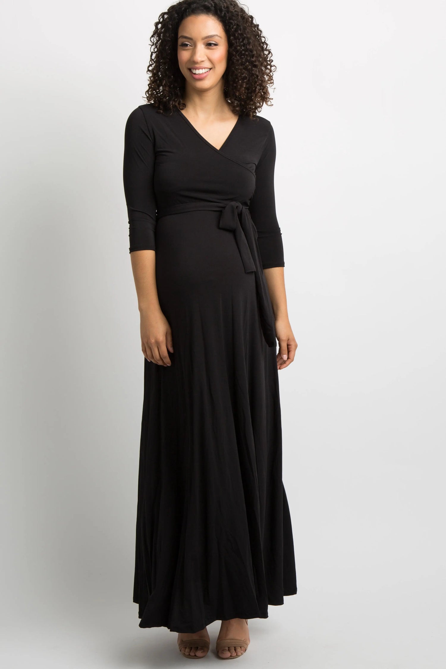 Black Solid Sash Tie Maternity Maxi Dress PinkBlush 
