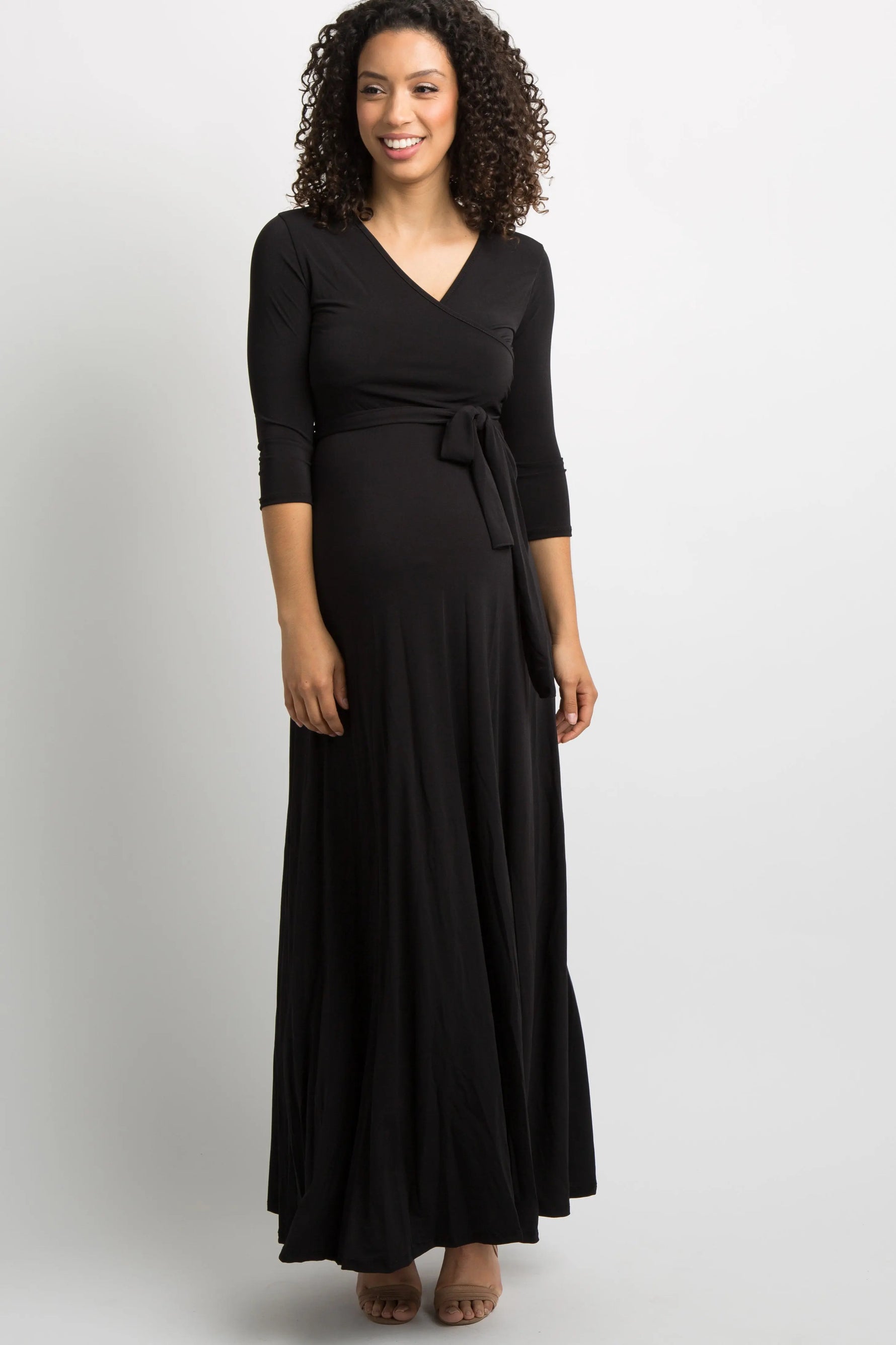 Black Solid Sash Tie Maternity Maxi Dress PinkBlush 