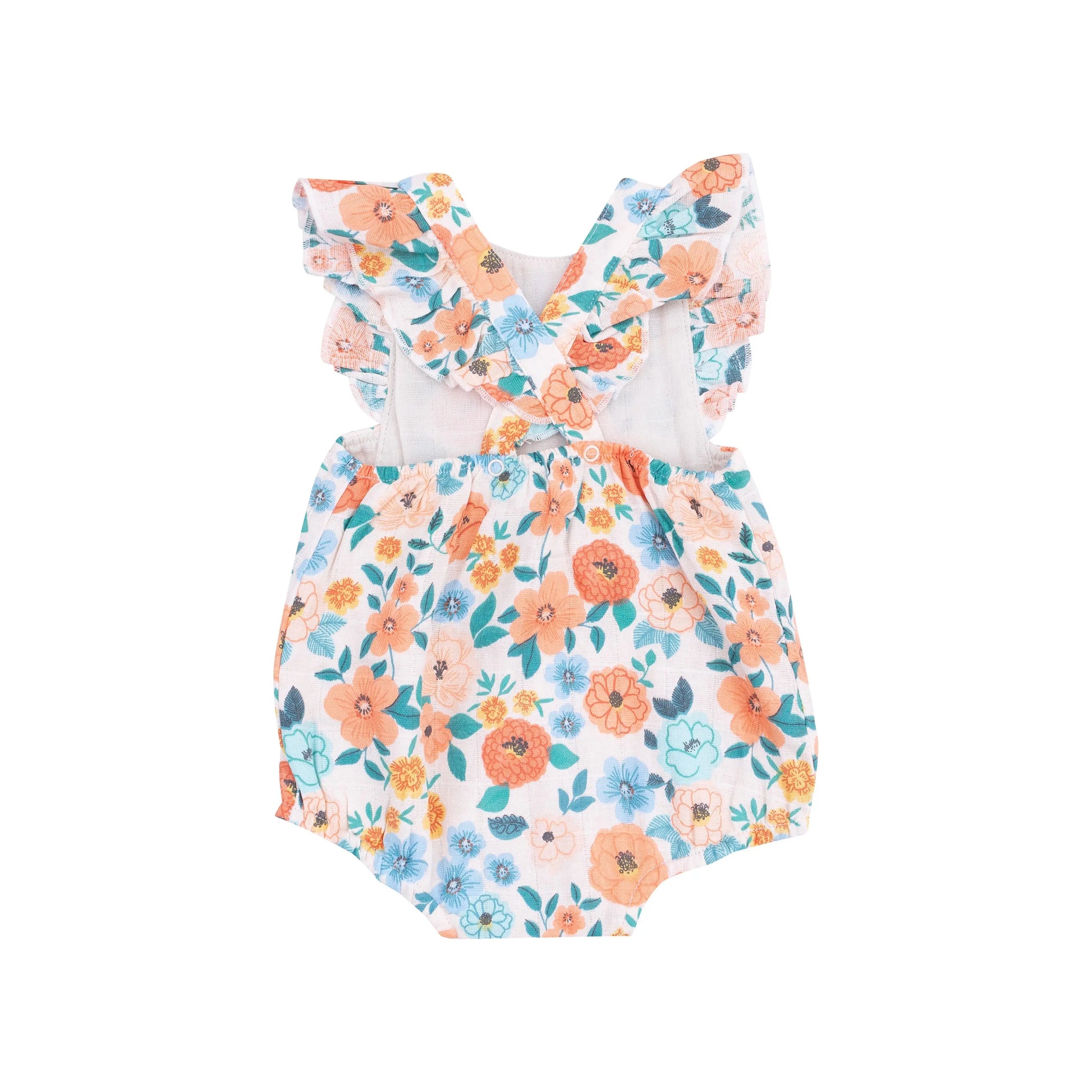 Organic Muslin Ruffle Sunsuit Flower Cart for Warm Weather Adventures.