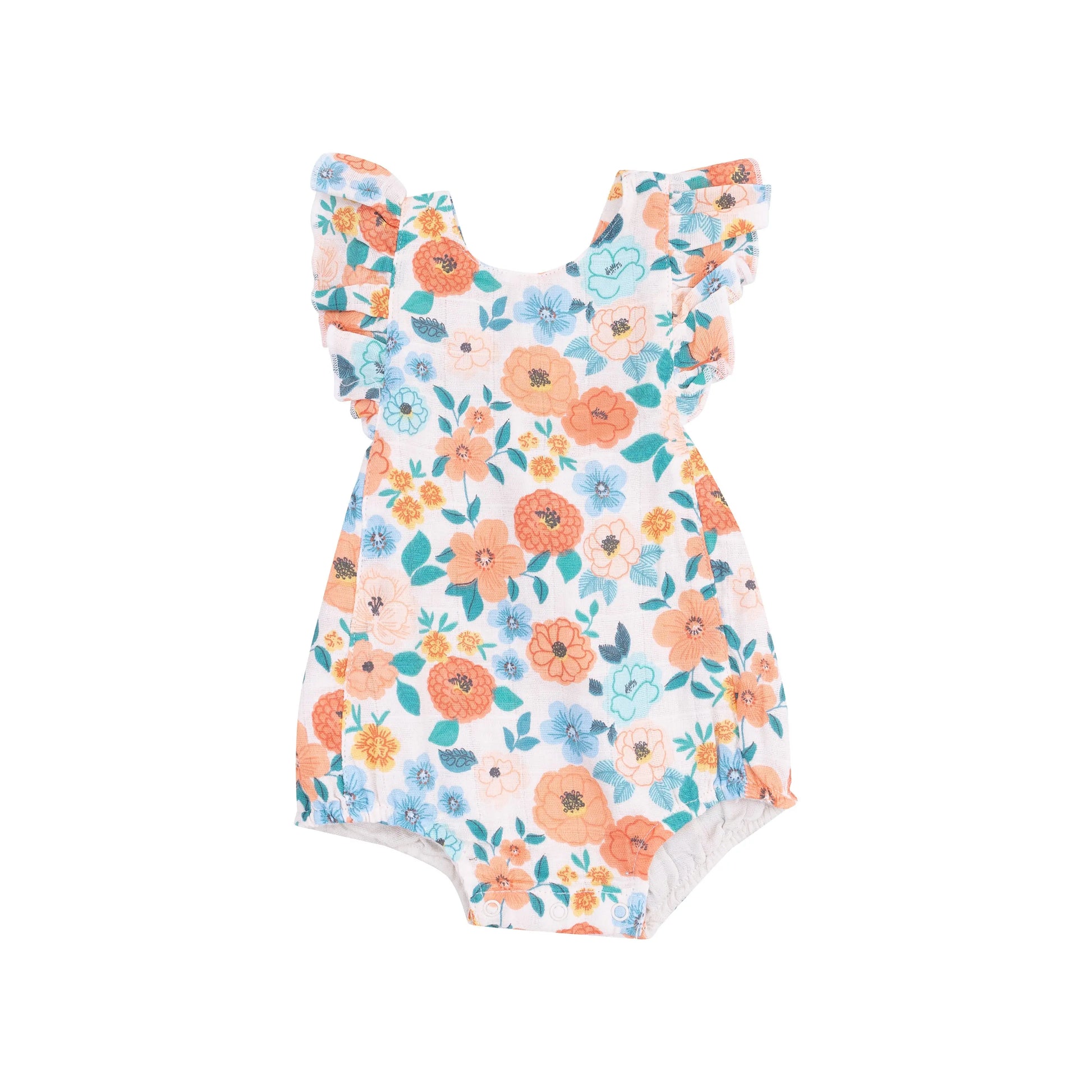 Organic Muslin Ruffle Sunsuit Flower Cart for Warm Weather Adventures.