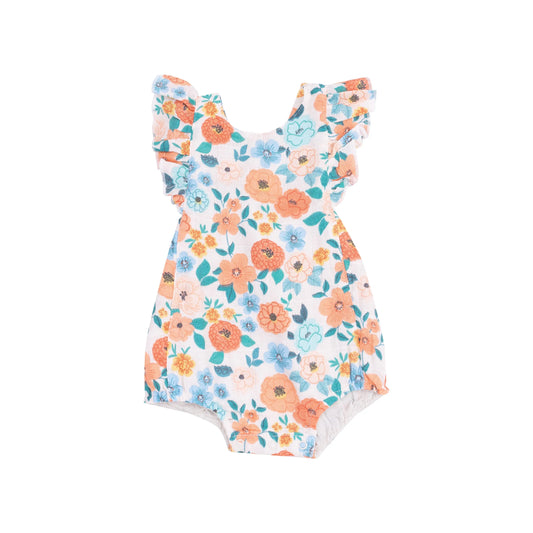 Organic Muslin Ruffle Sunsuit Flower Cart for Warm Weather Adventures.