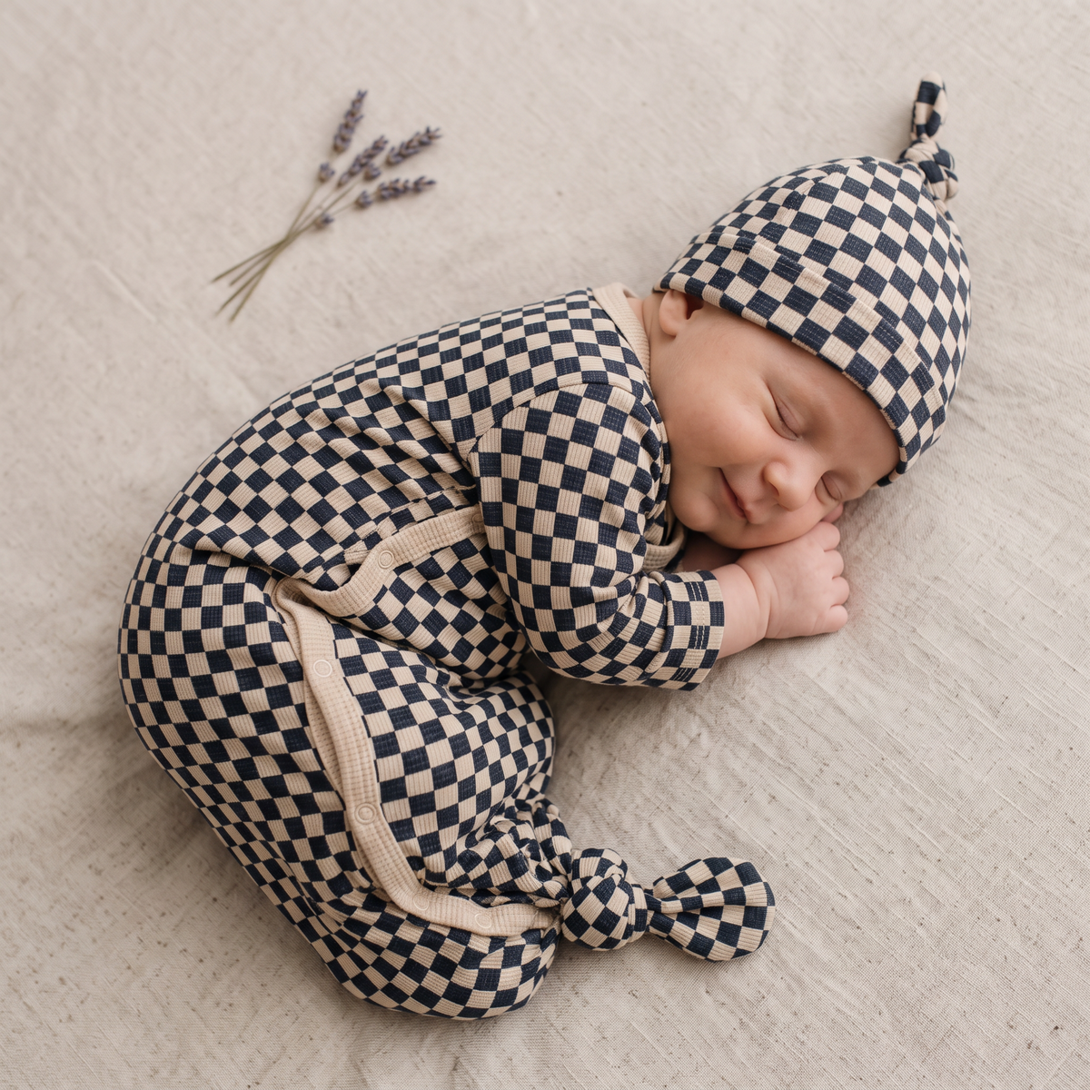 Organic Knotted Baby Gown - Midnight Check by Makemake Organics