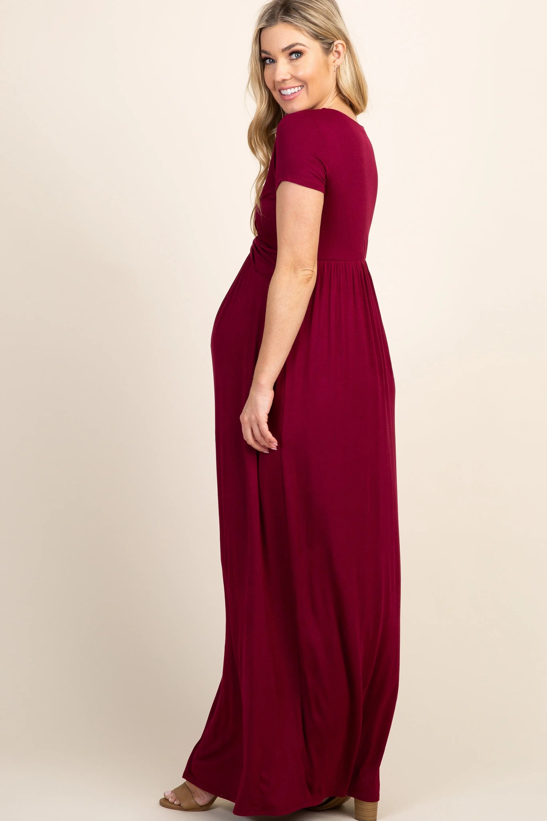 PinkBlush Burgundy Draped Maternity Nursing Maxi Dress for Expecting Moms - Everetts Place