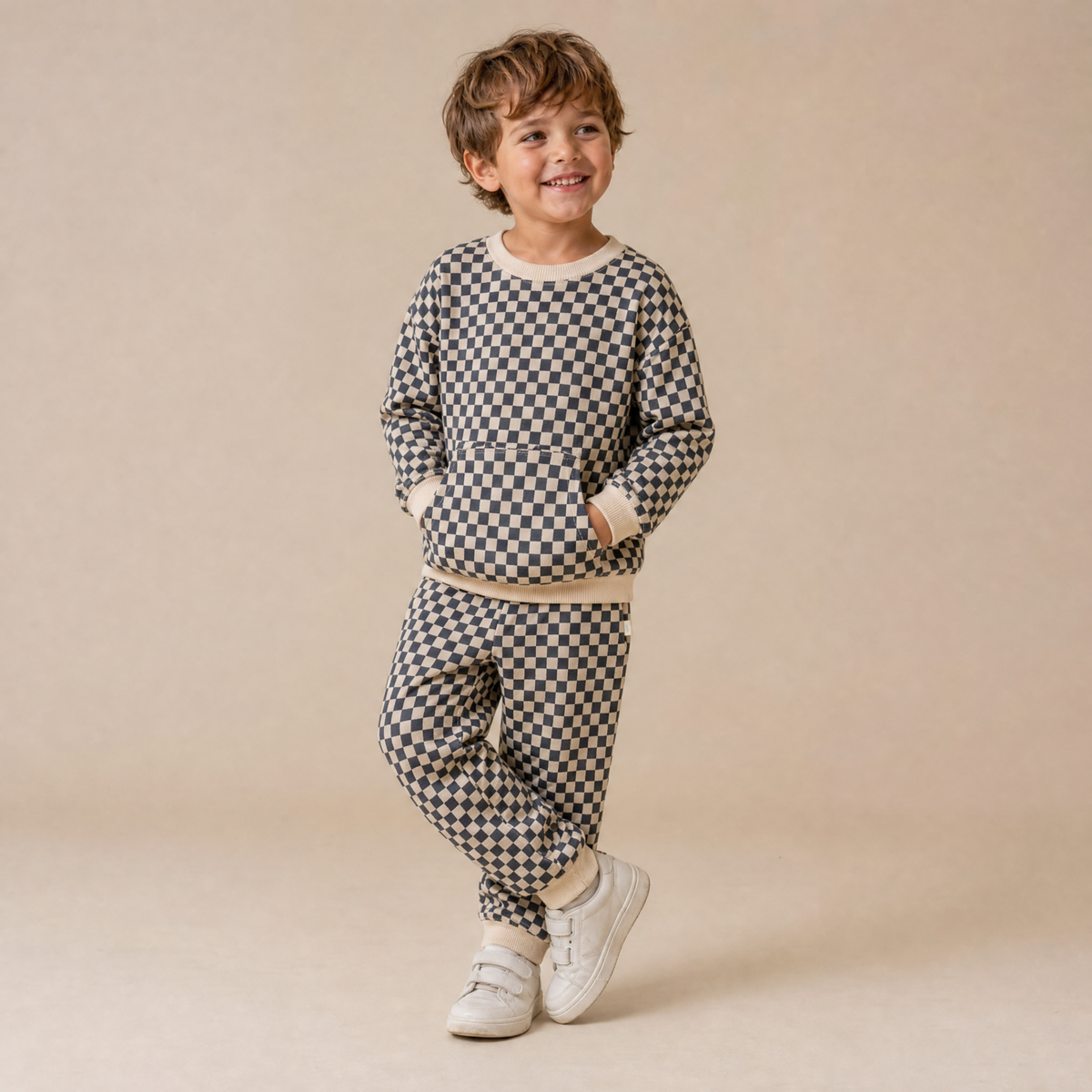 Organic Tee & Pant Slouch Set - Midnight Check by Makemake Organics