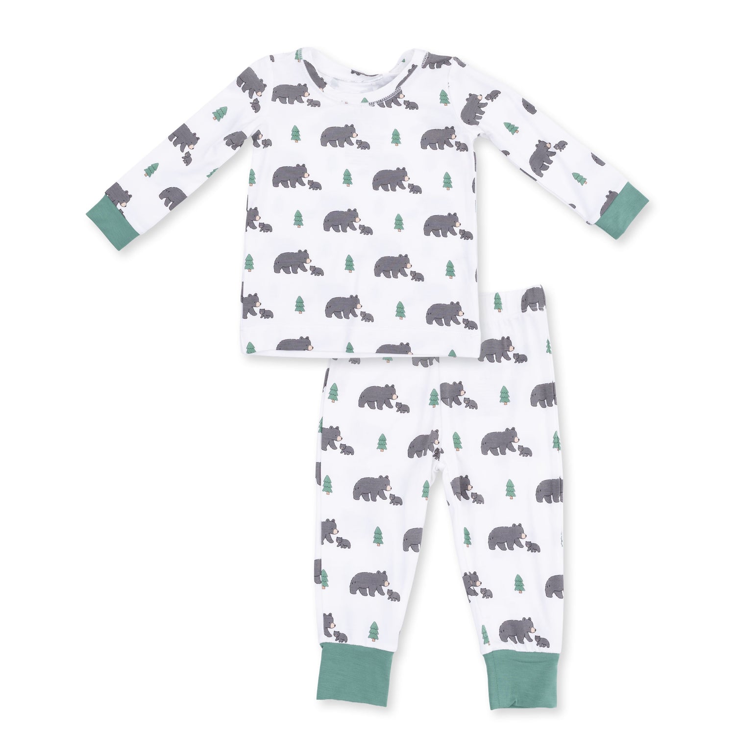 Two-piece long sleeve loungewear set with a black bear print on top and pants